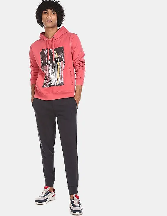 Aeropostale Men Pink Drawstring Hood Graphic Print Sweatshirt