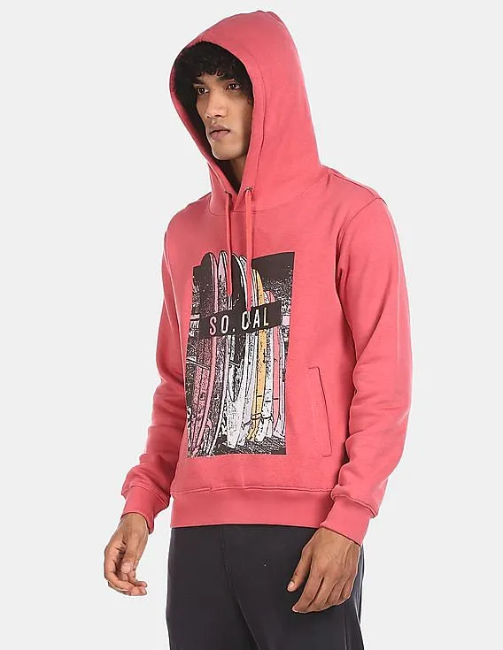 Aeropostale Men Pink Drawstring Hood Graphic Print Sweatshirt