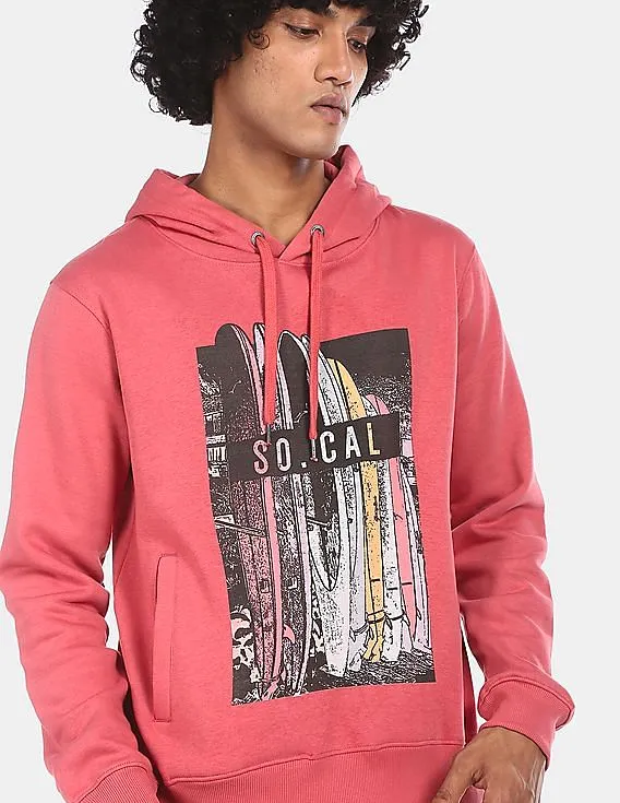 Aeropostale Men Pink Drawstring Hood Graphic Print Sweatshirt