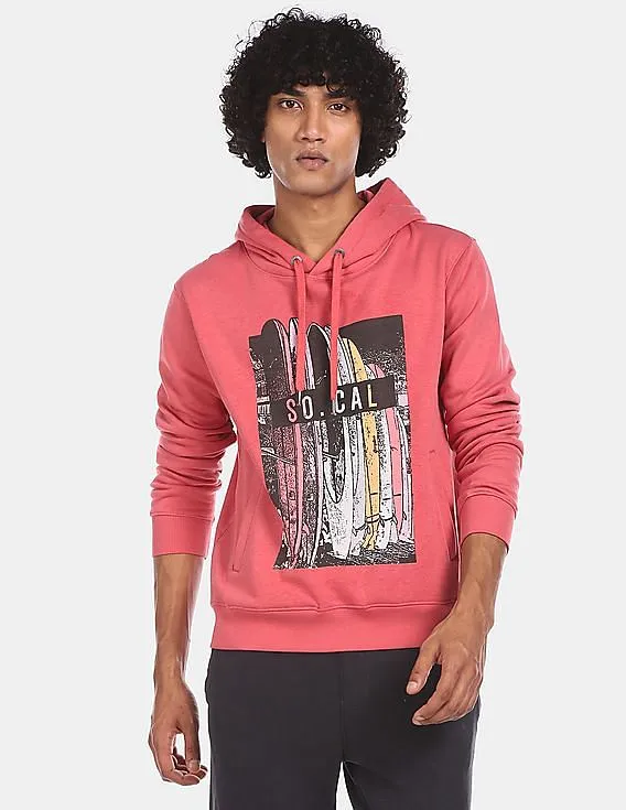 Aeropostale Men Pink Drawstring Hood Graphic Print Sweatshirt