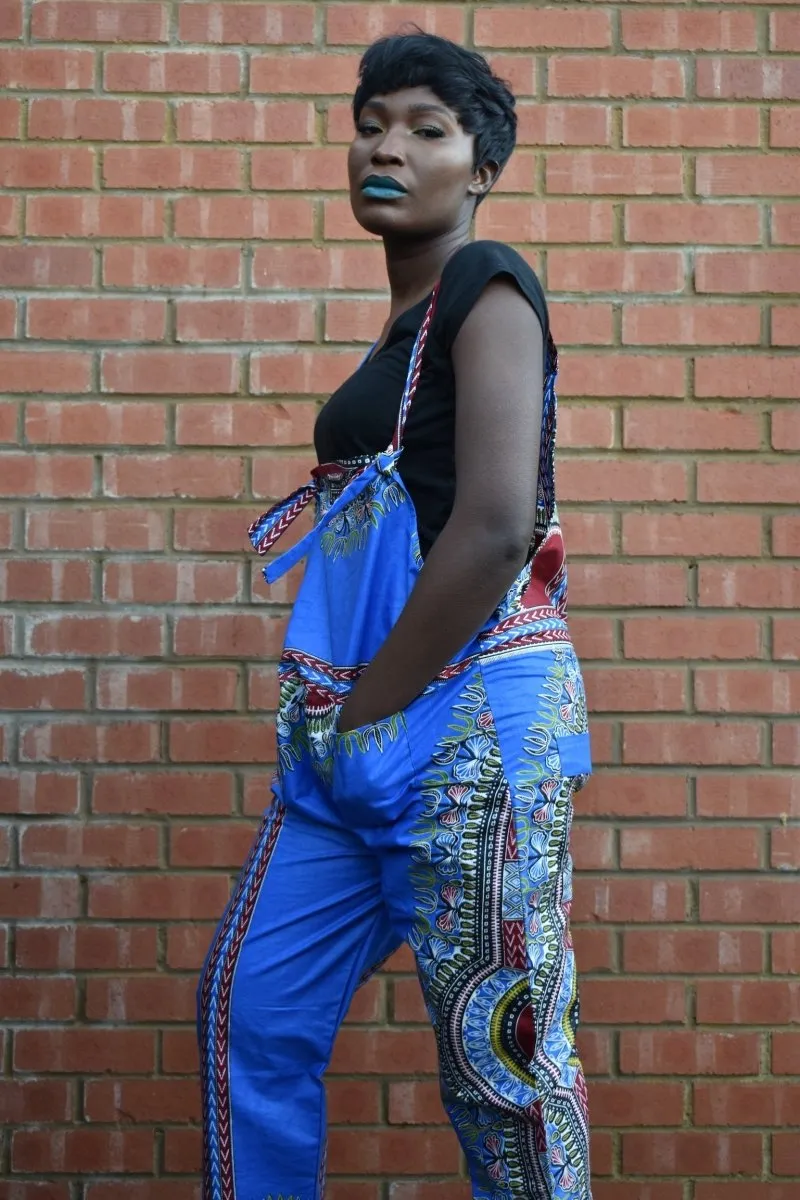 African Dungarees in Blue Dashiki Print - Festival Dungarees