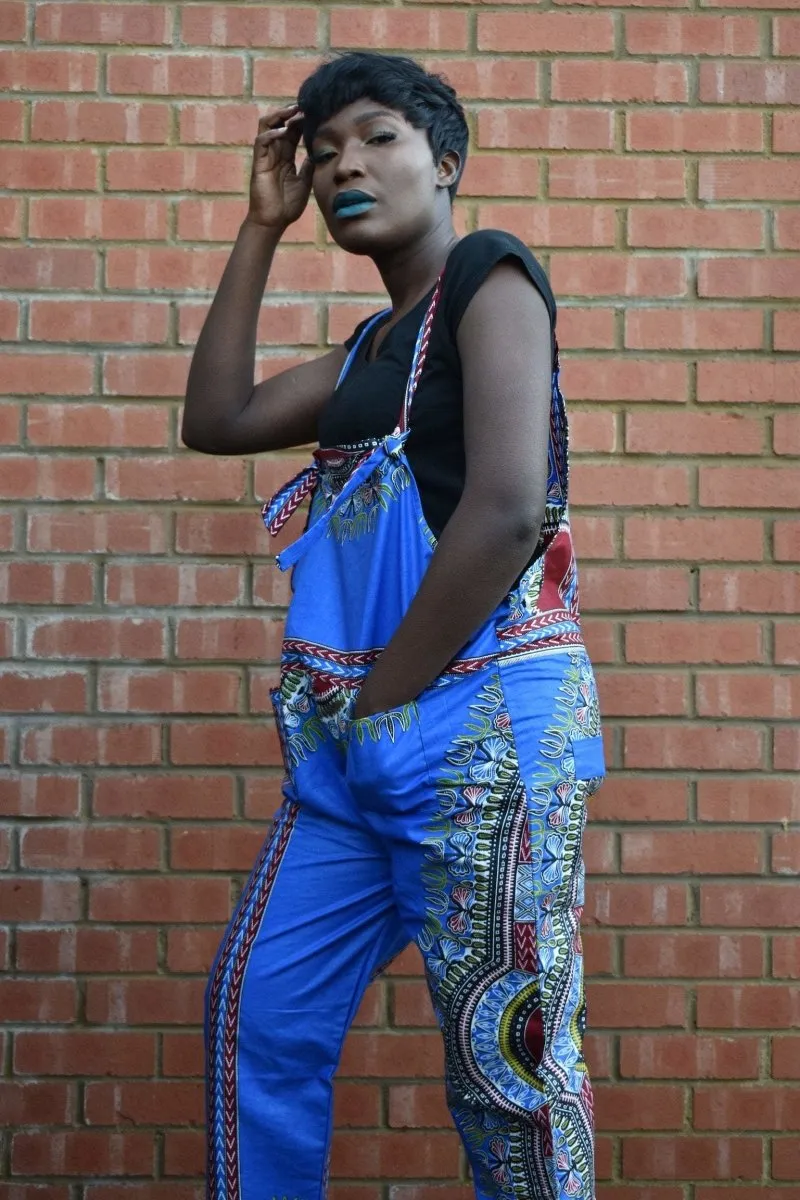 African Dungarees in Blue Dashiki Print - Festival Dungarees