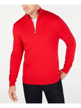 ALFANI Mens Red Classic Fit Quarter-Zip Cotton Pullover Sweater