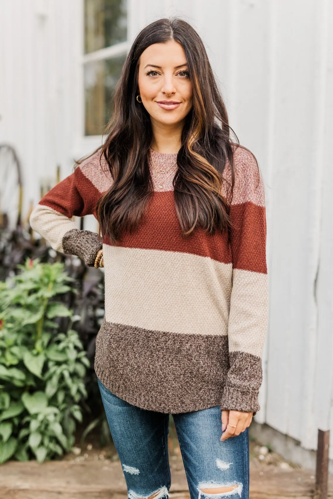 All About Autumn Color Block Knit Sweater- Deep Rust & Oatmeal