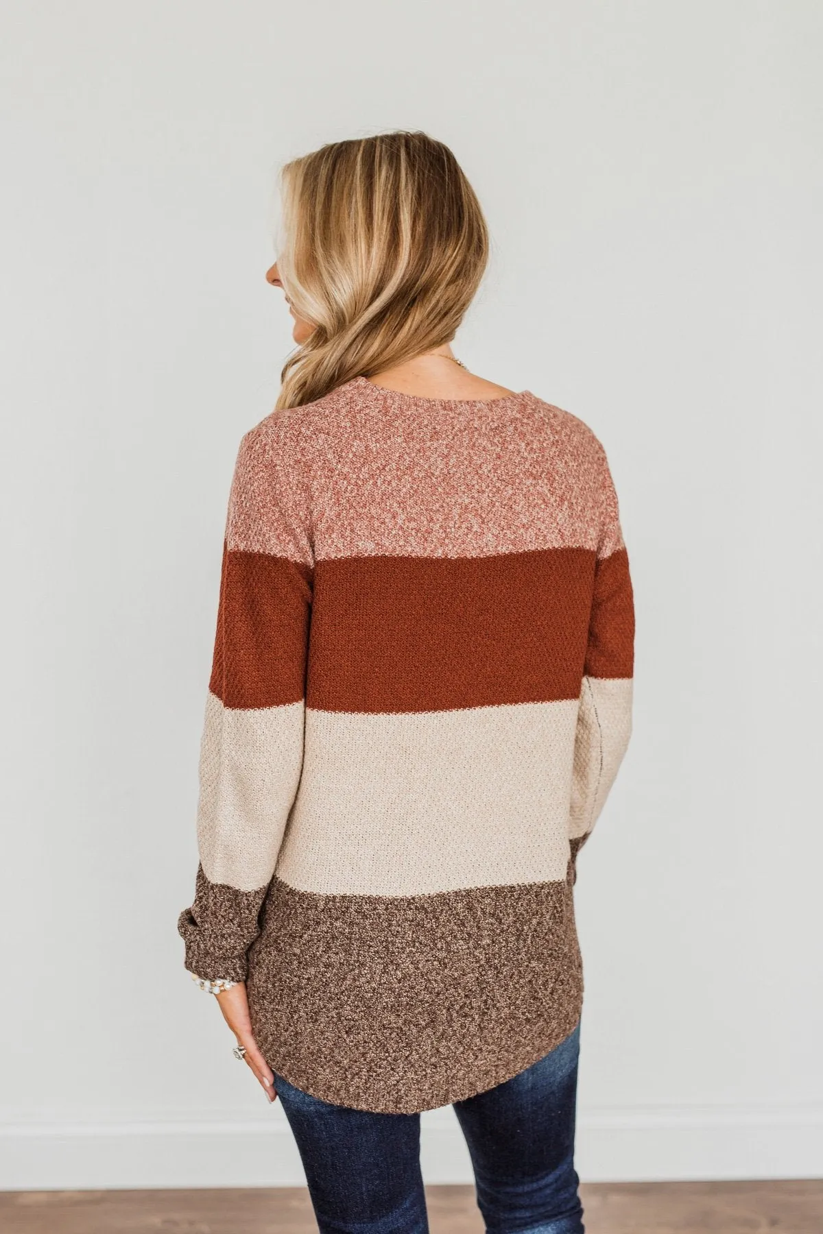 All About Autumn Color Block Knit Sweater- Deep Rust & Oatmeal