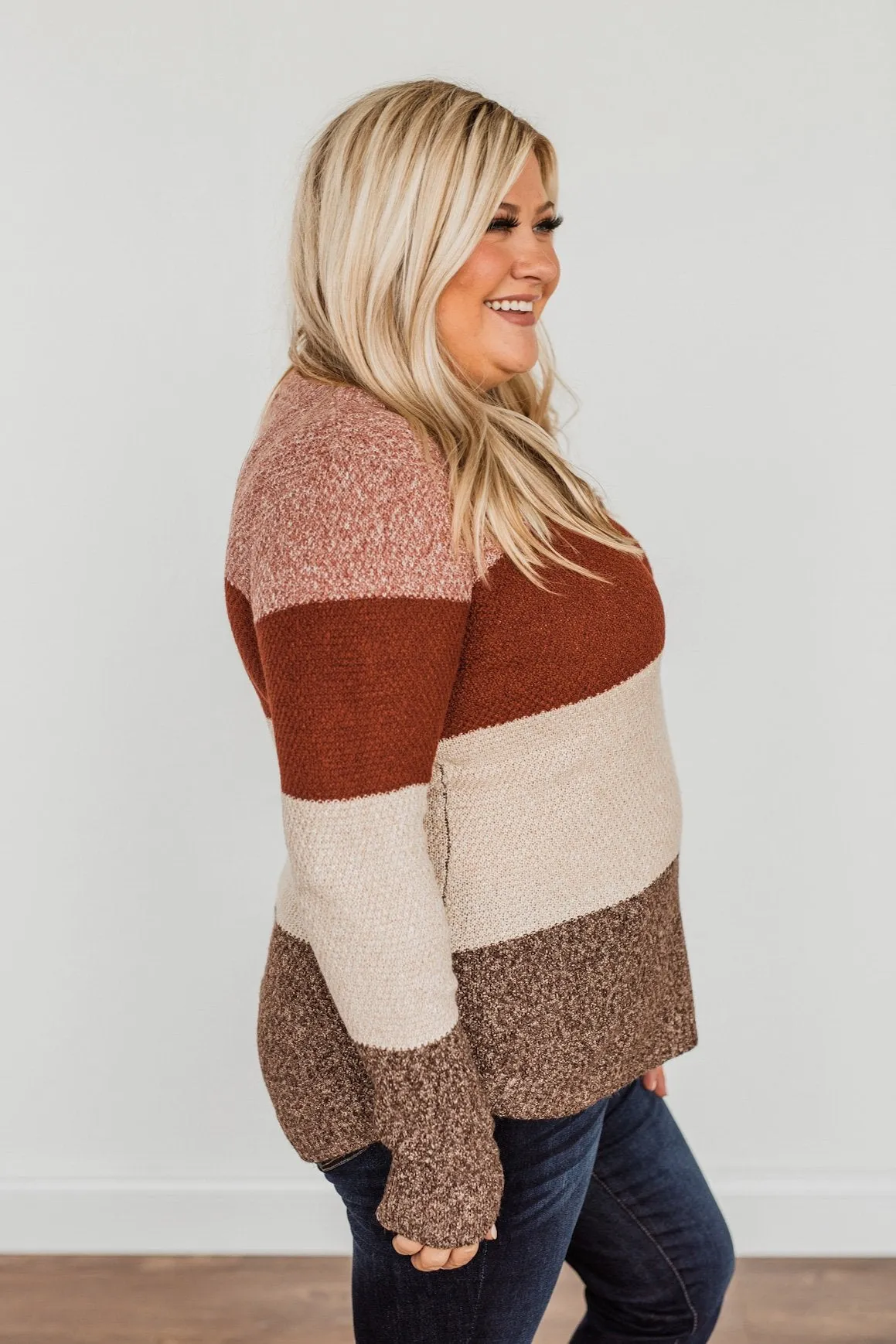 All About Autumn Color Block Knit Sweater- Deep Rust & Oatmeal