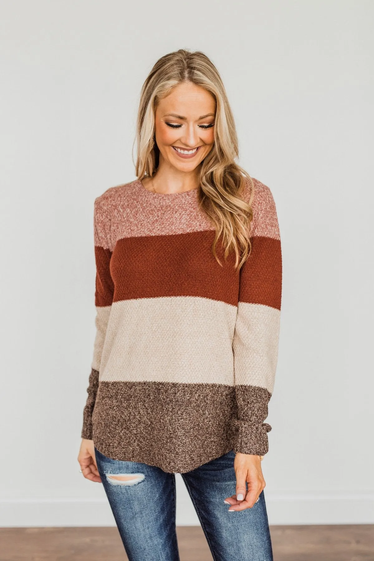 All About Autumn Color Block Knit Sweater- Deep Rust & Oatmeal