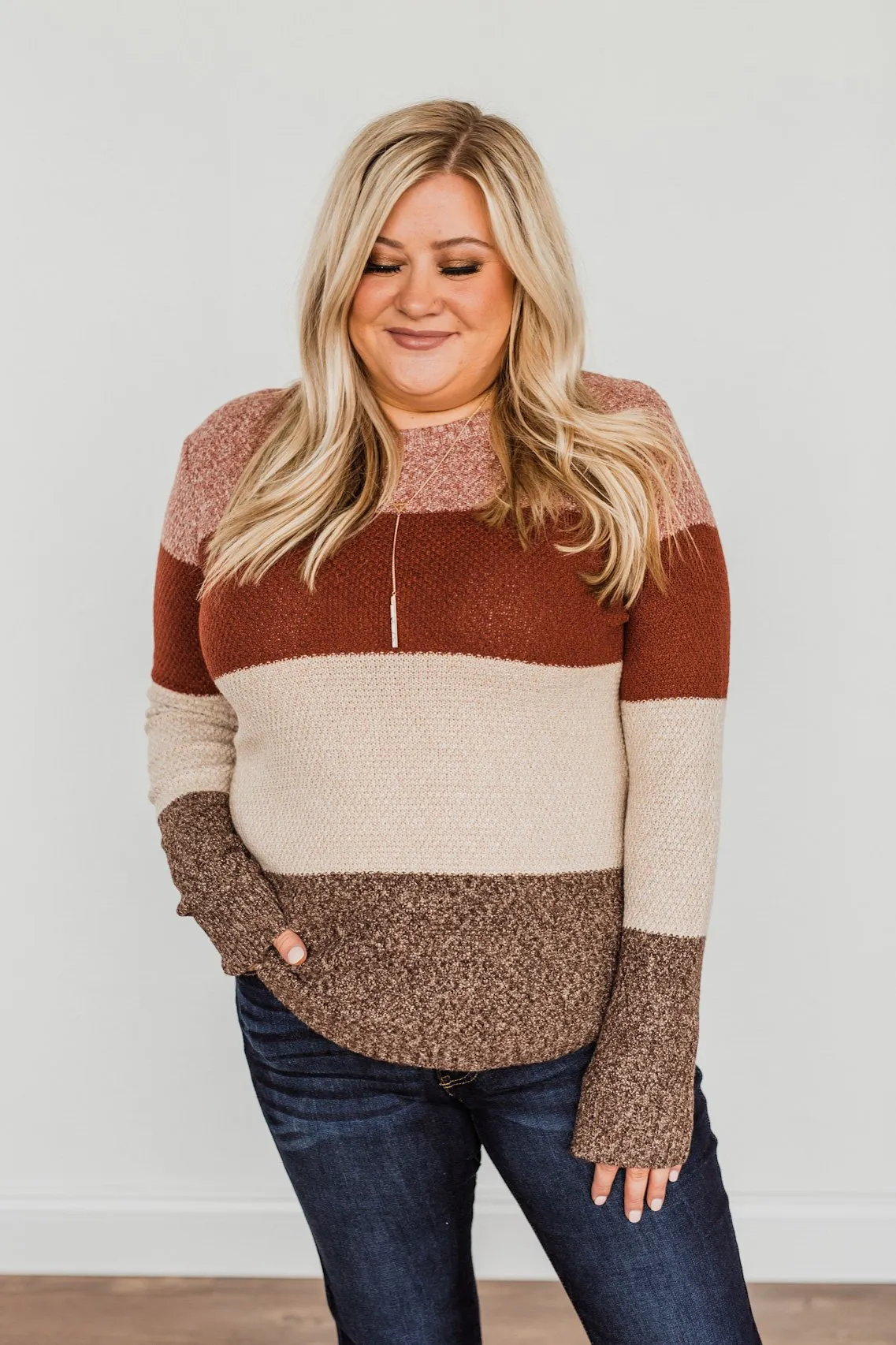 All About Autumn Color Block Knit Sweater- Deep Rust & Oatmeal