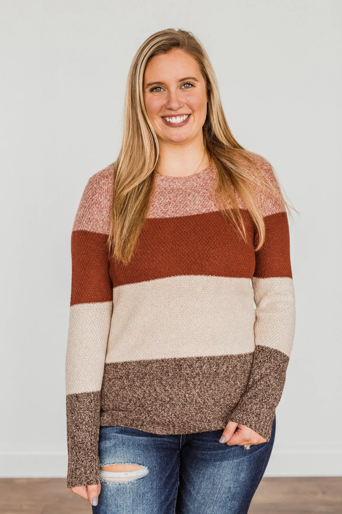 All About Autumn Color Block Knit Sweater- Deep Rust & Oatmeal