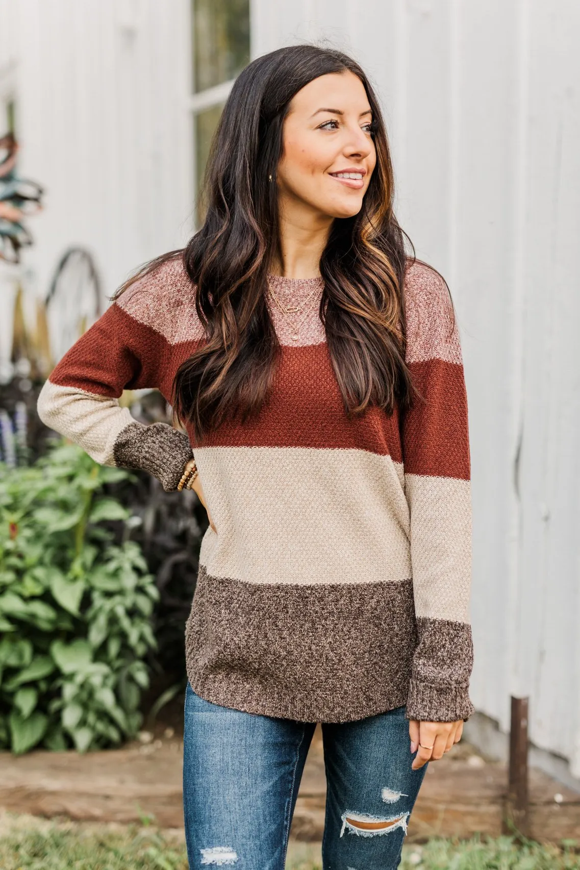 All About Autumn Color Block Knit Sweater- Deep Rust & Oatmeal