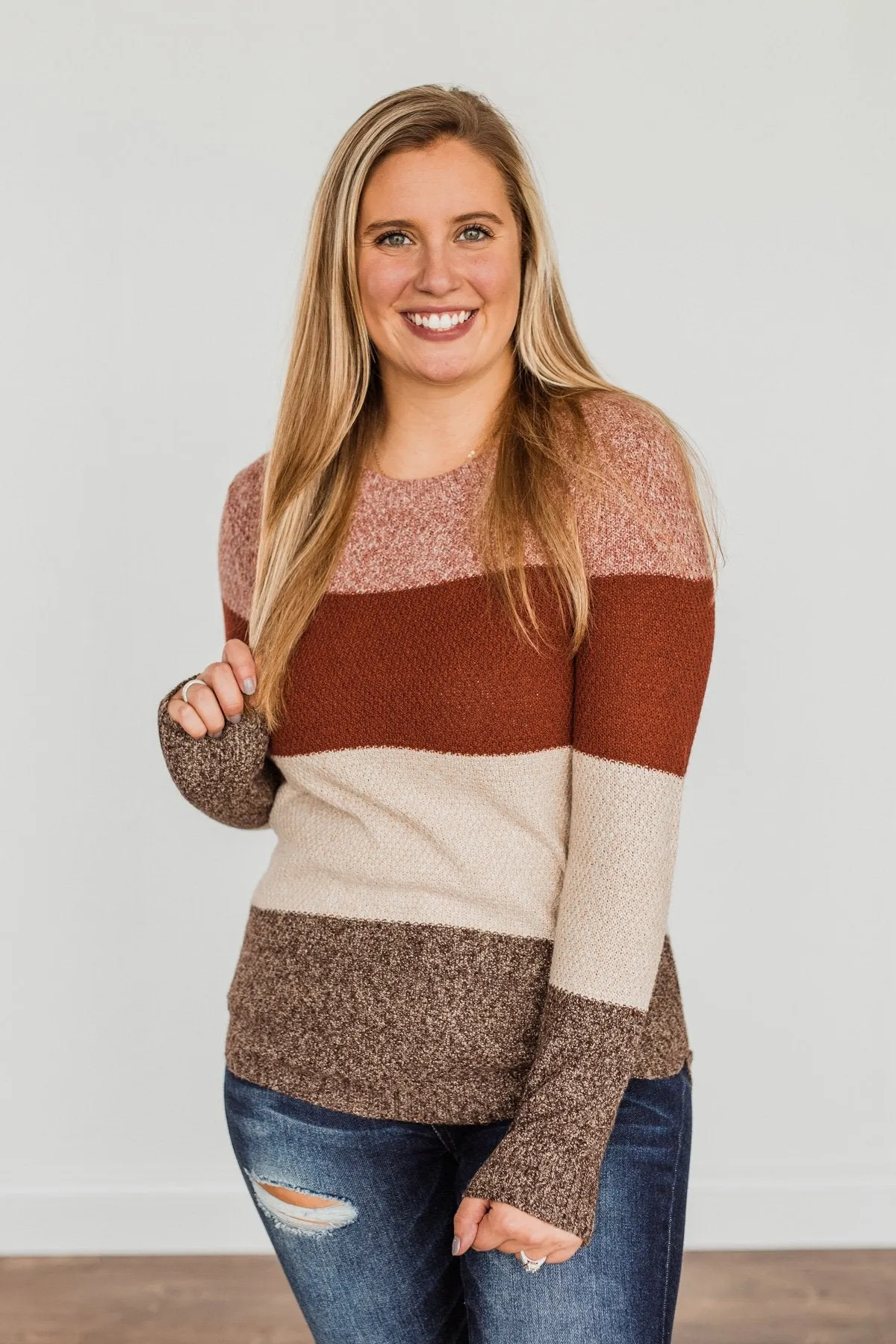 All About Autumn Color Block Knit Sweater- Deep Rust & Oatmeal