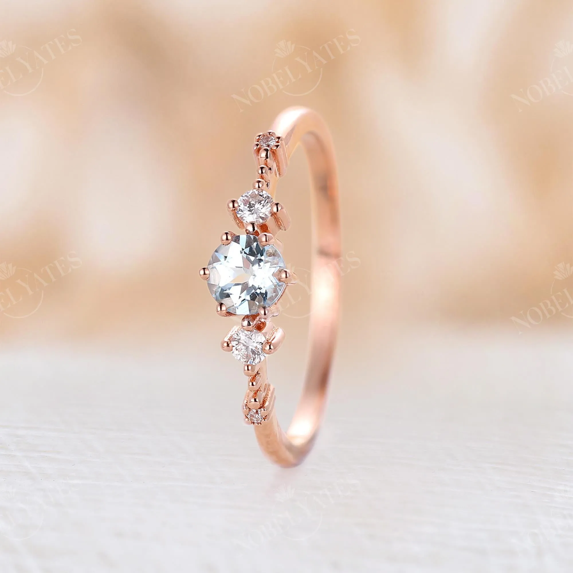 Aquamarine Five Stone Engagement Ring Rose Gold