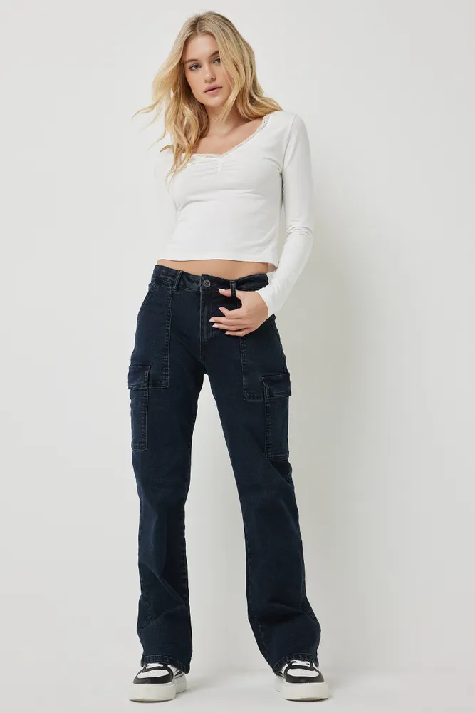 Ardene Ardene Dark Wash Low Rise Cargo Jeans in Dark Blue | Size | Spandex/Cotton