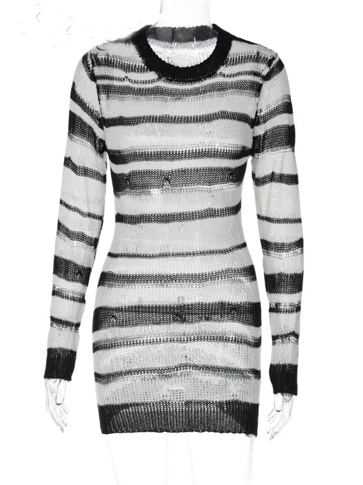 Ashore Shop Womens Knitted Striped Long Sleeve Bodycon Mini Dress