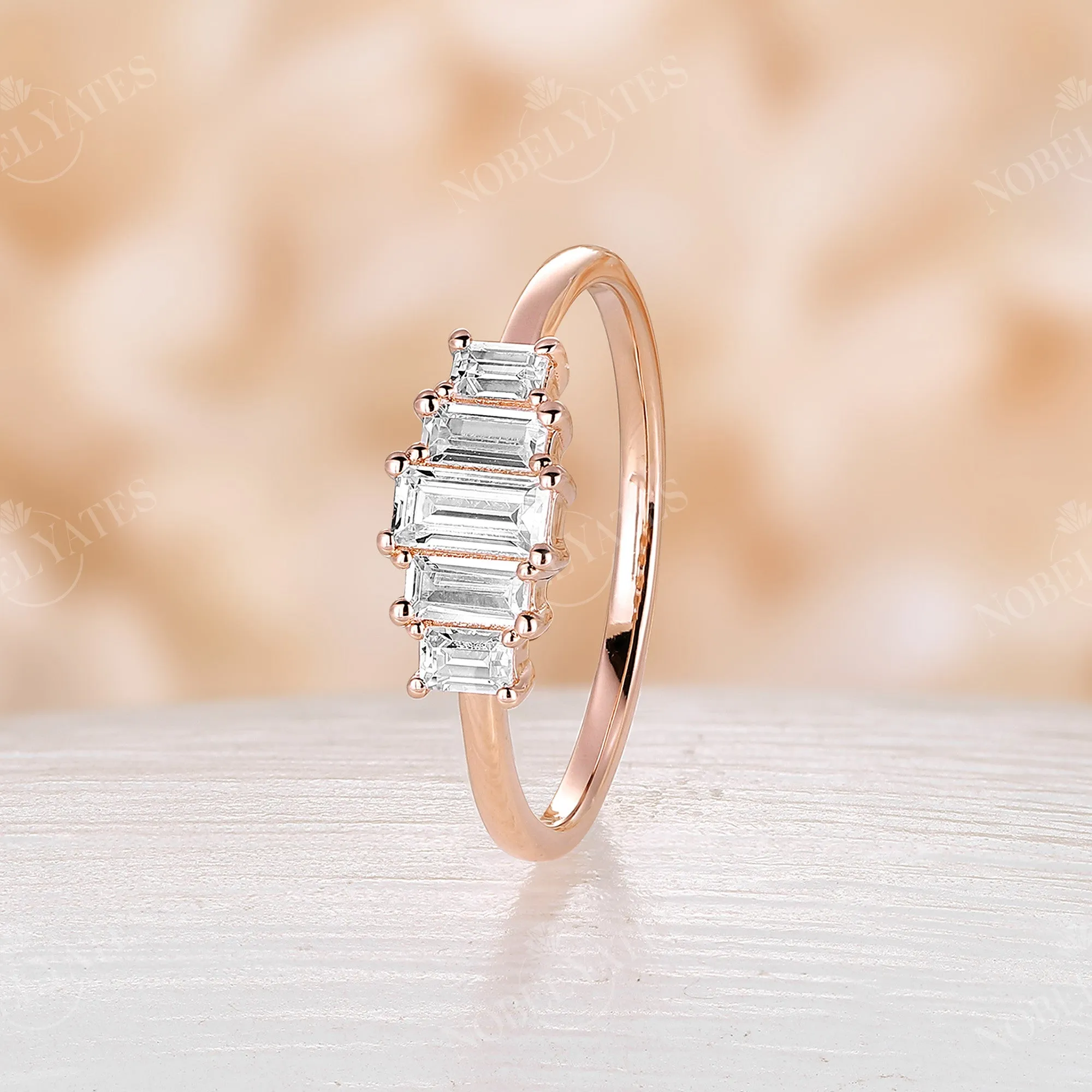 Baguette Art Deco Moissanite Five Stone Wedding Band Rose Gold