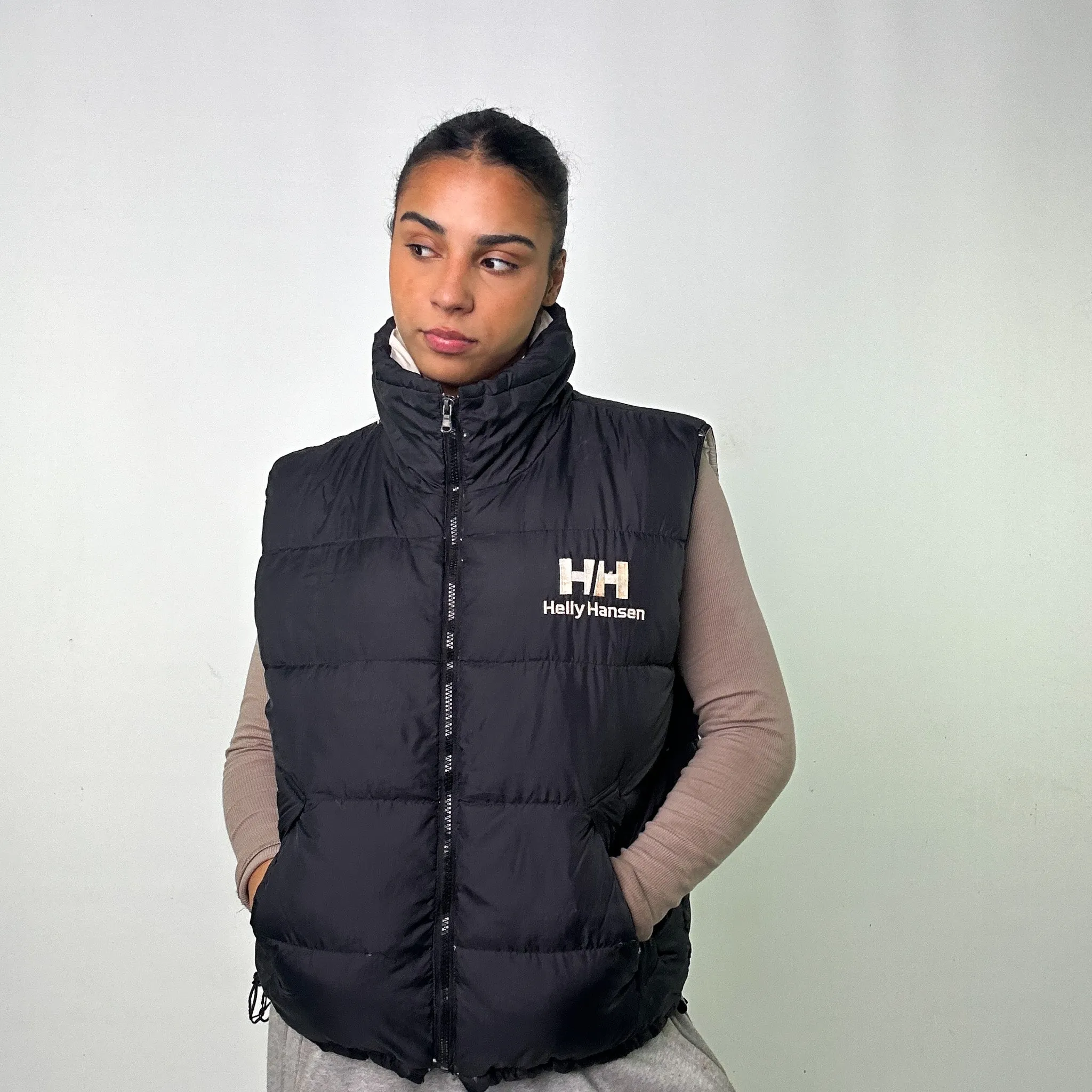 BLACK 90S HELLY HANSEN / WHITE REVERSIBLE RARE PUFFER JACKET COAT GILET (