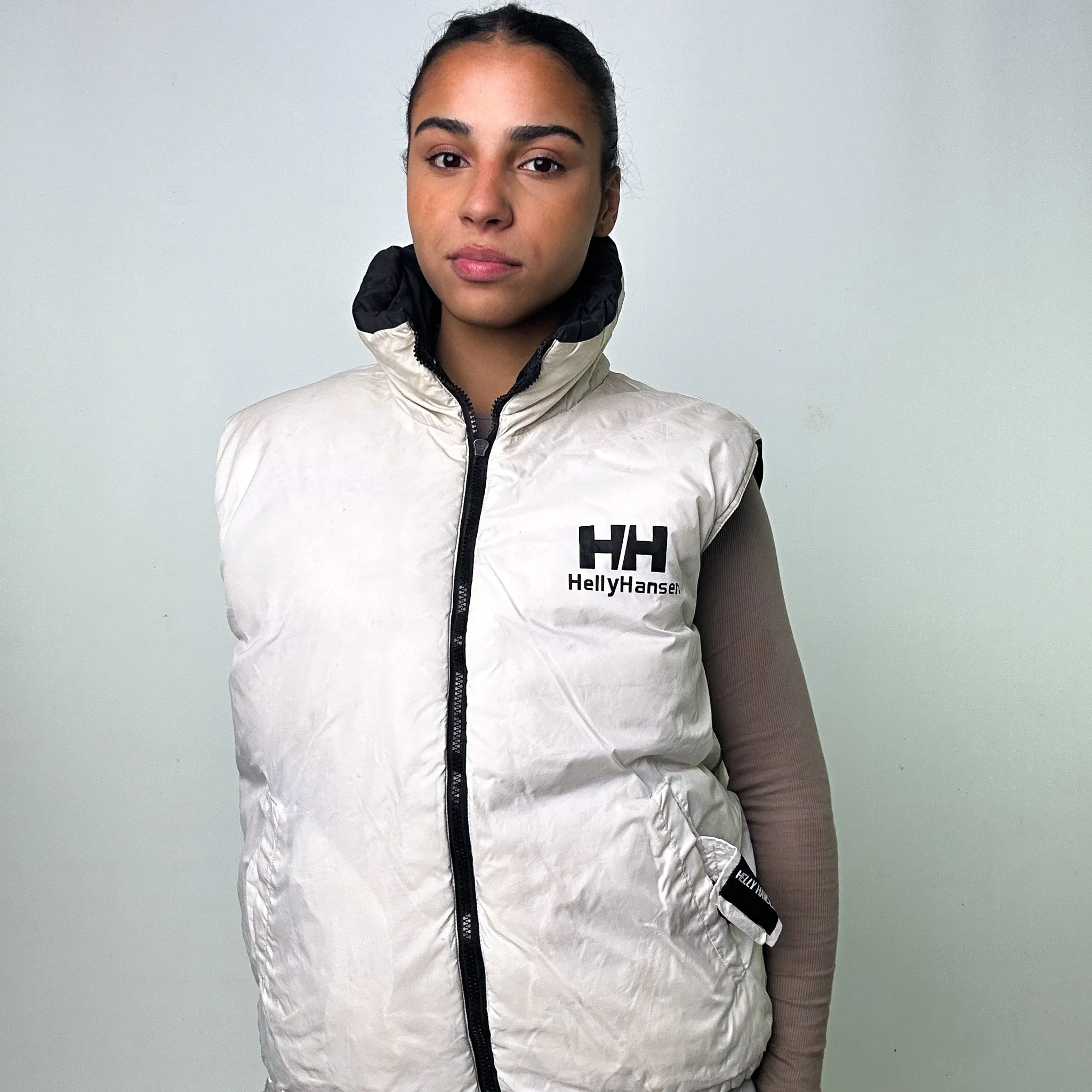 BLACK 90S HELLY HANSEN / WHITE REVERSIBLE RARE PUFFER JACKET COAT GILET (