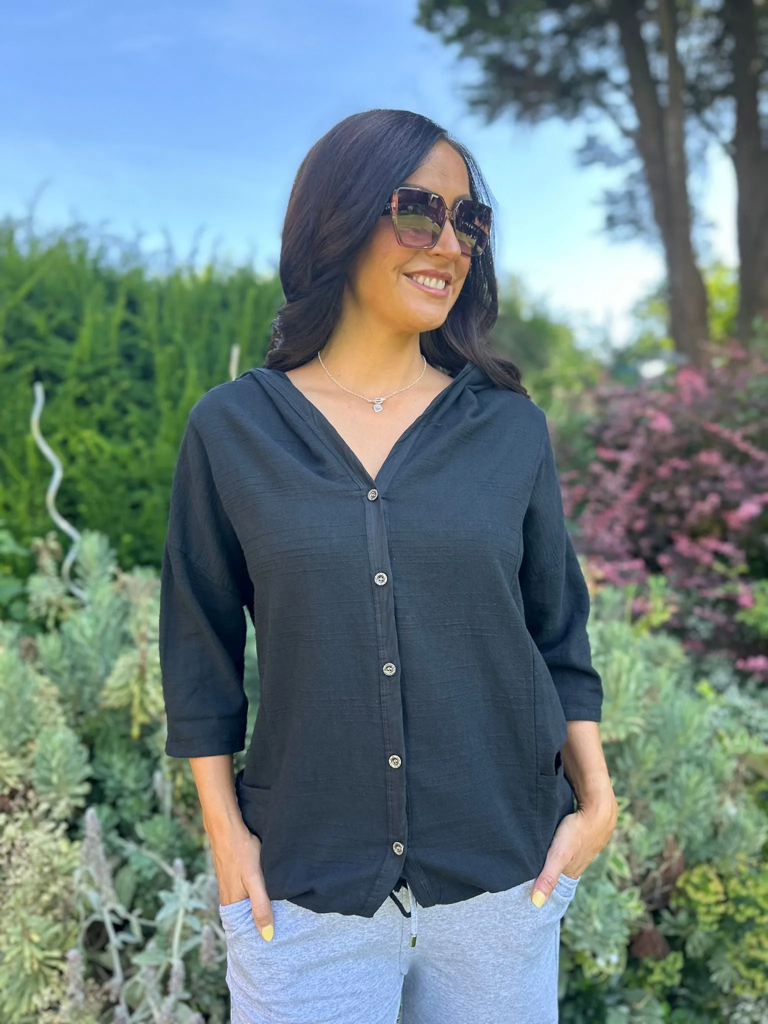 Black Linen Blend Button Jacket Vivian