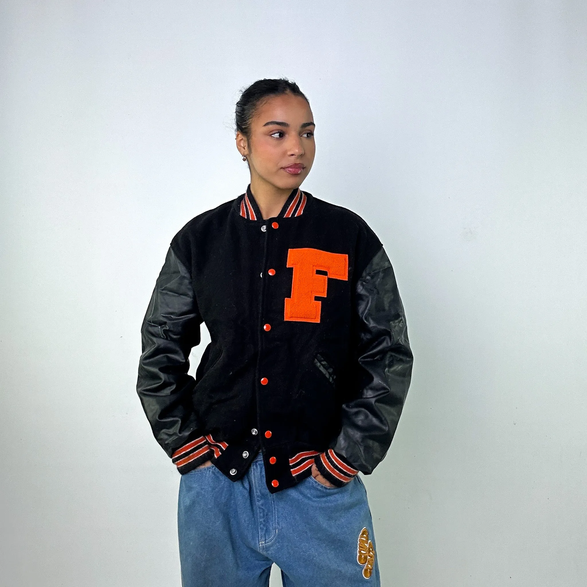 BLACK VINTAGE DELONG VARSITY JACKET COAT (