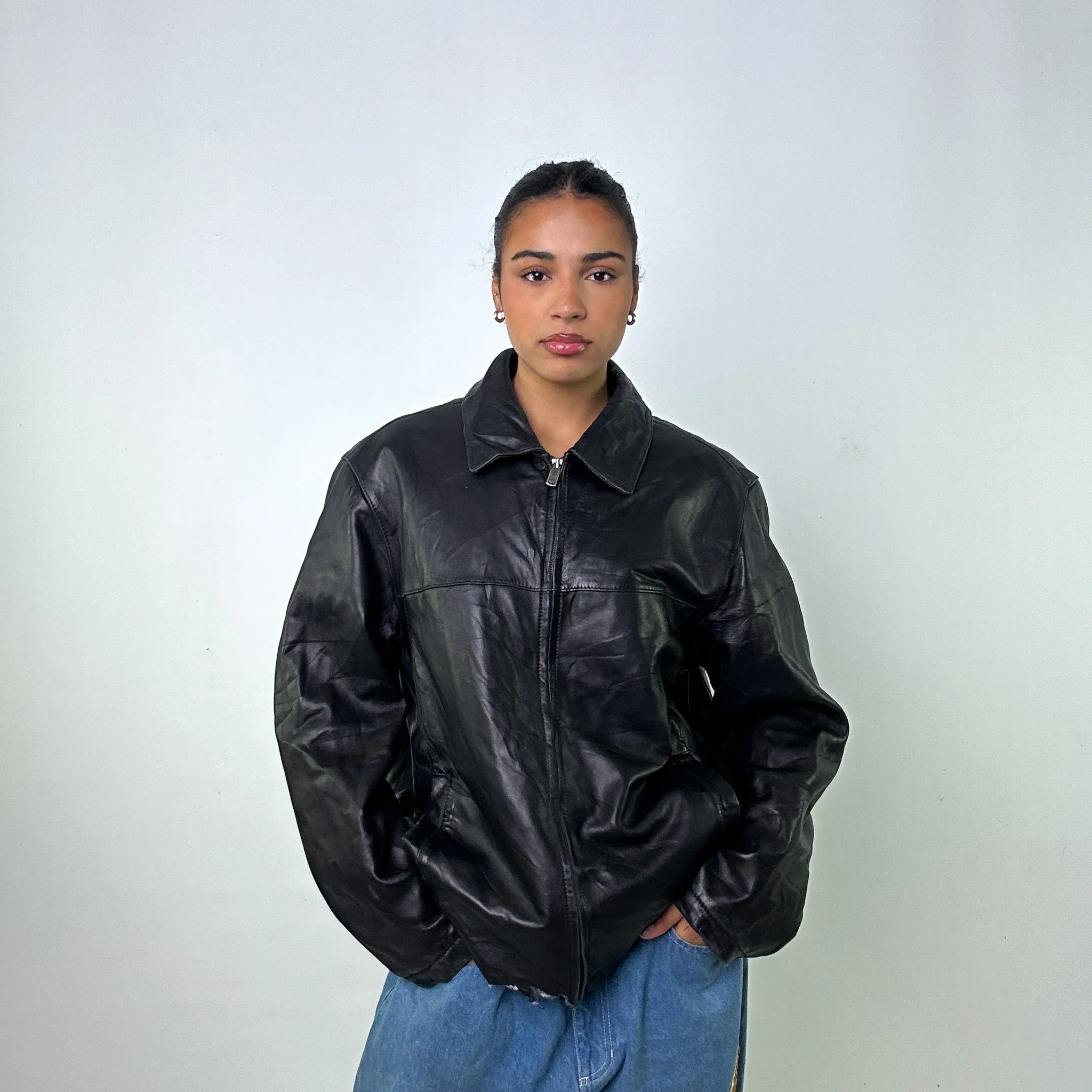 Black Vintage Dockers Leather Jacket Coat (L)