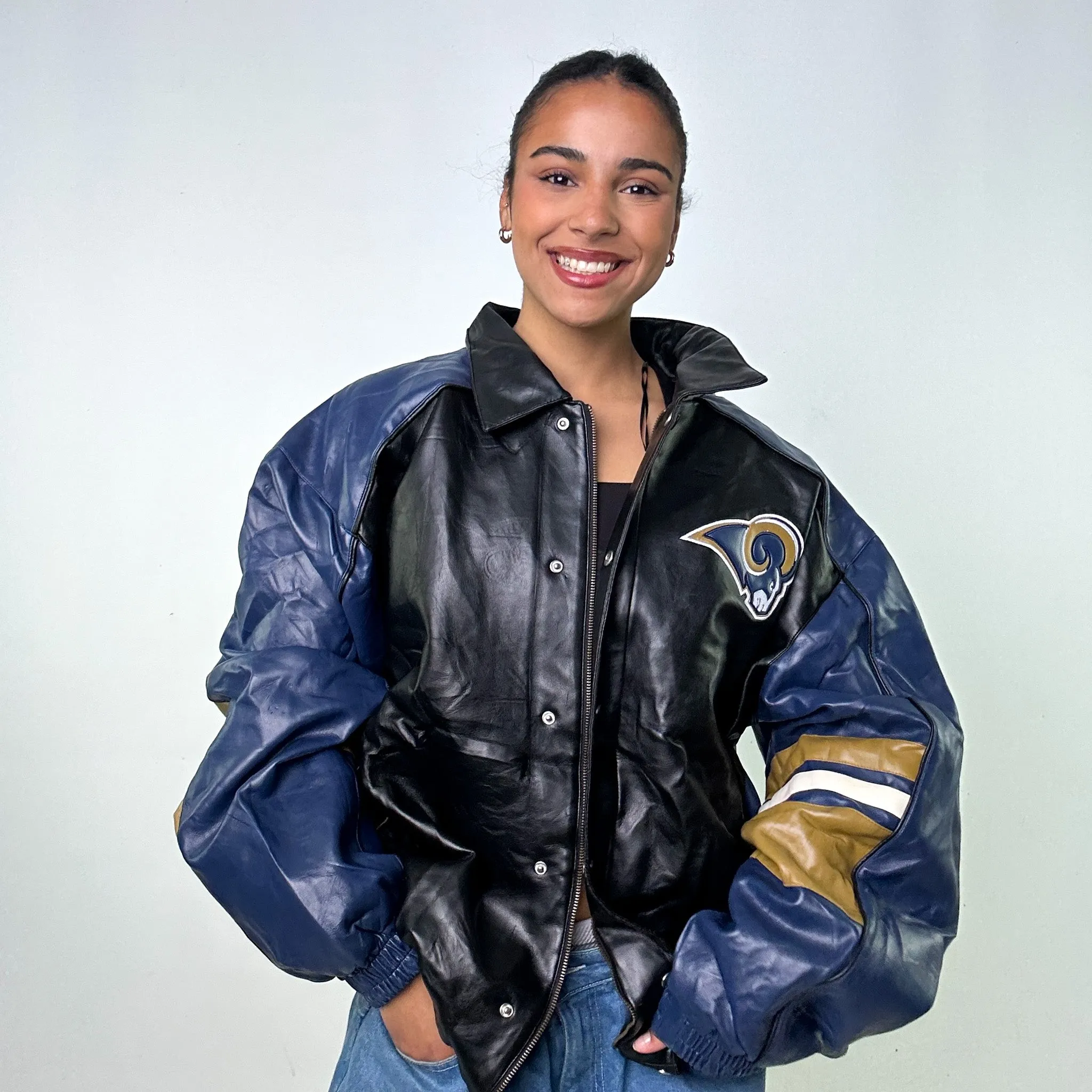 Black Vintage NFL Rams Leather Jacket Coat (XL)