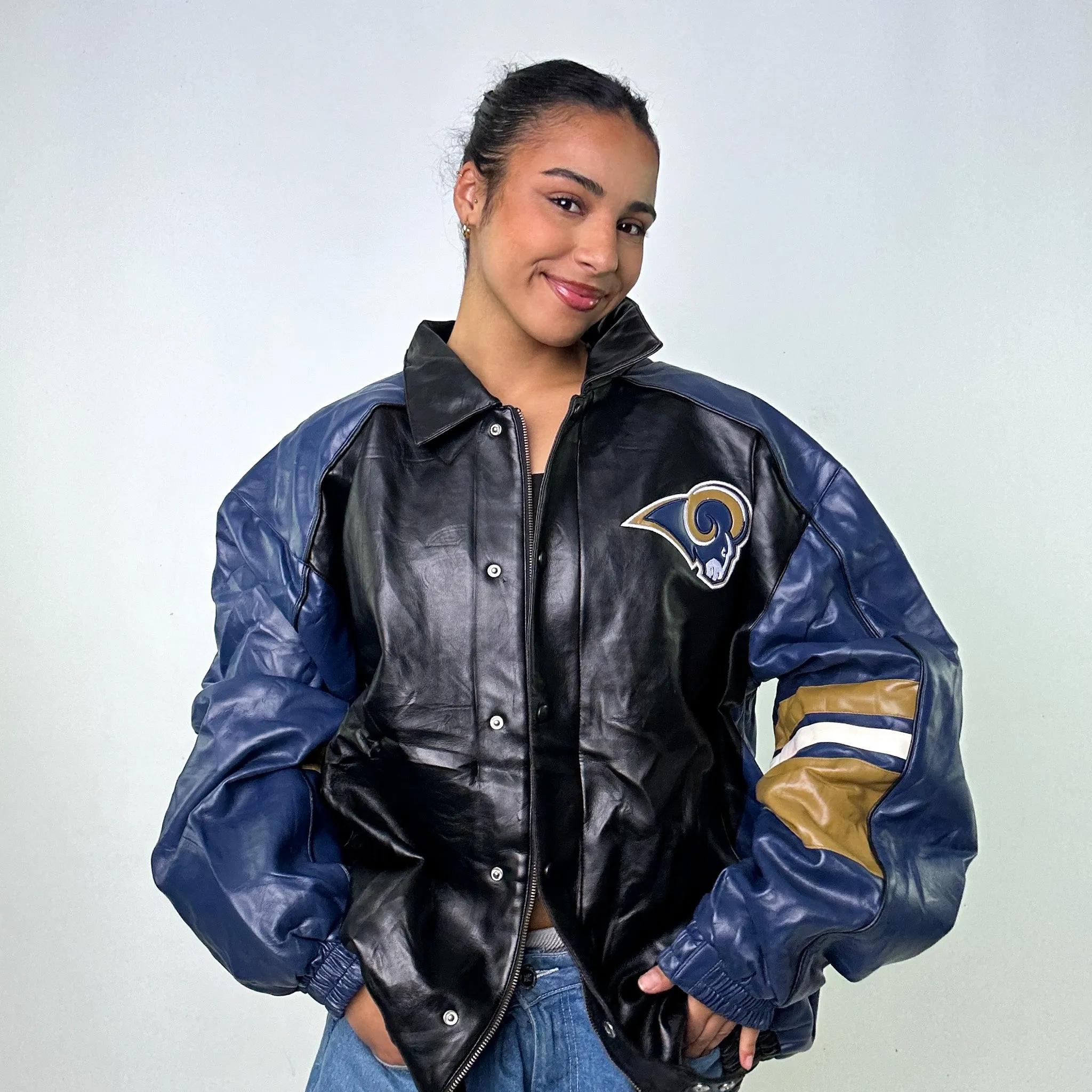 Black Vintage NFL Rams Leather Jacket Coat (XL)