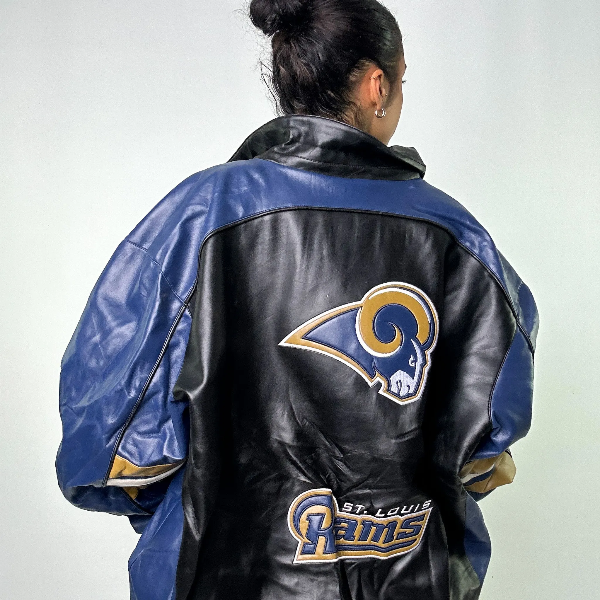 Black Vintage NFL Rams Leather Jacket Coat (XL)