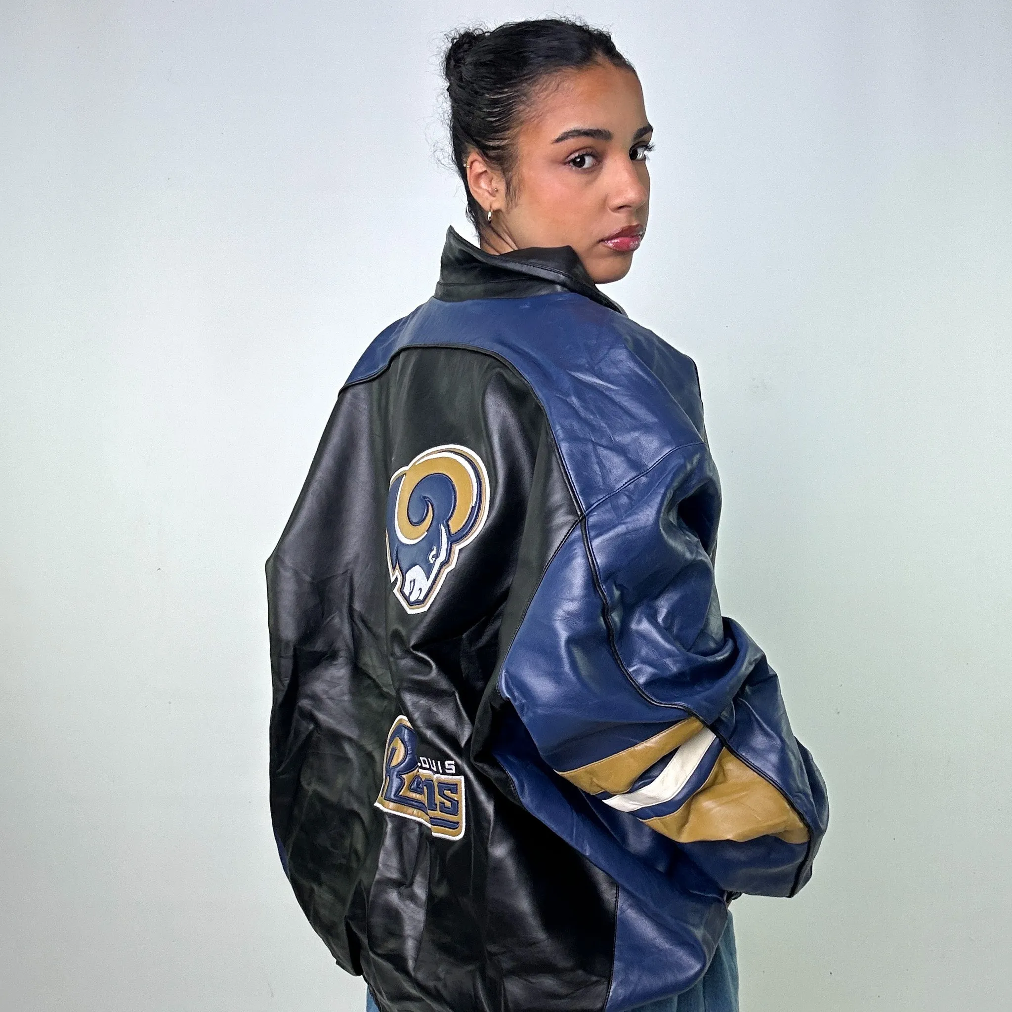 Black Vintage NFL Rams Leather Jacket Coat (XL)