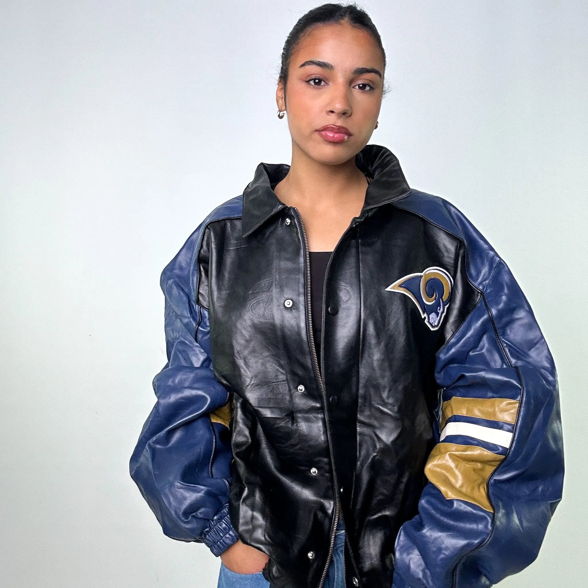 Black Vintage NFL Rams Leather Jacket Coat (XL)