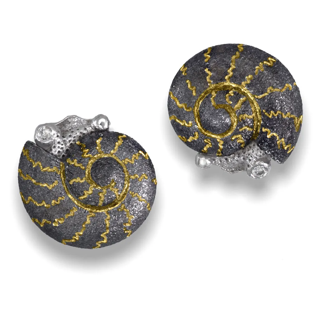 Blackened Gold Baby Snail Earrings with White Diamonds