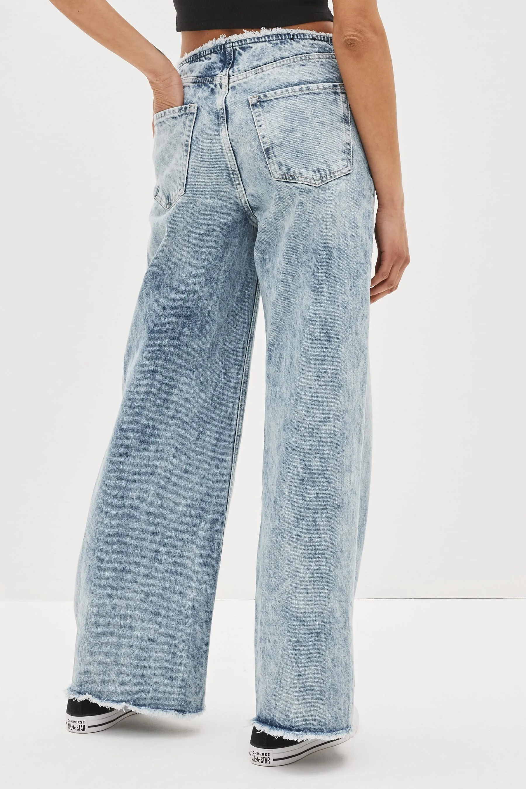 Blue Acid Wash Low Rise Wide Leg Loose Jeans