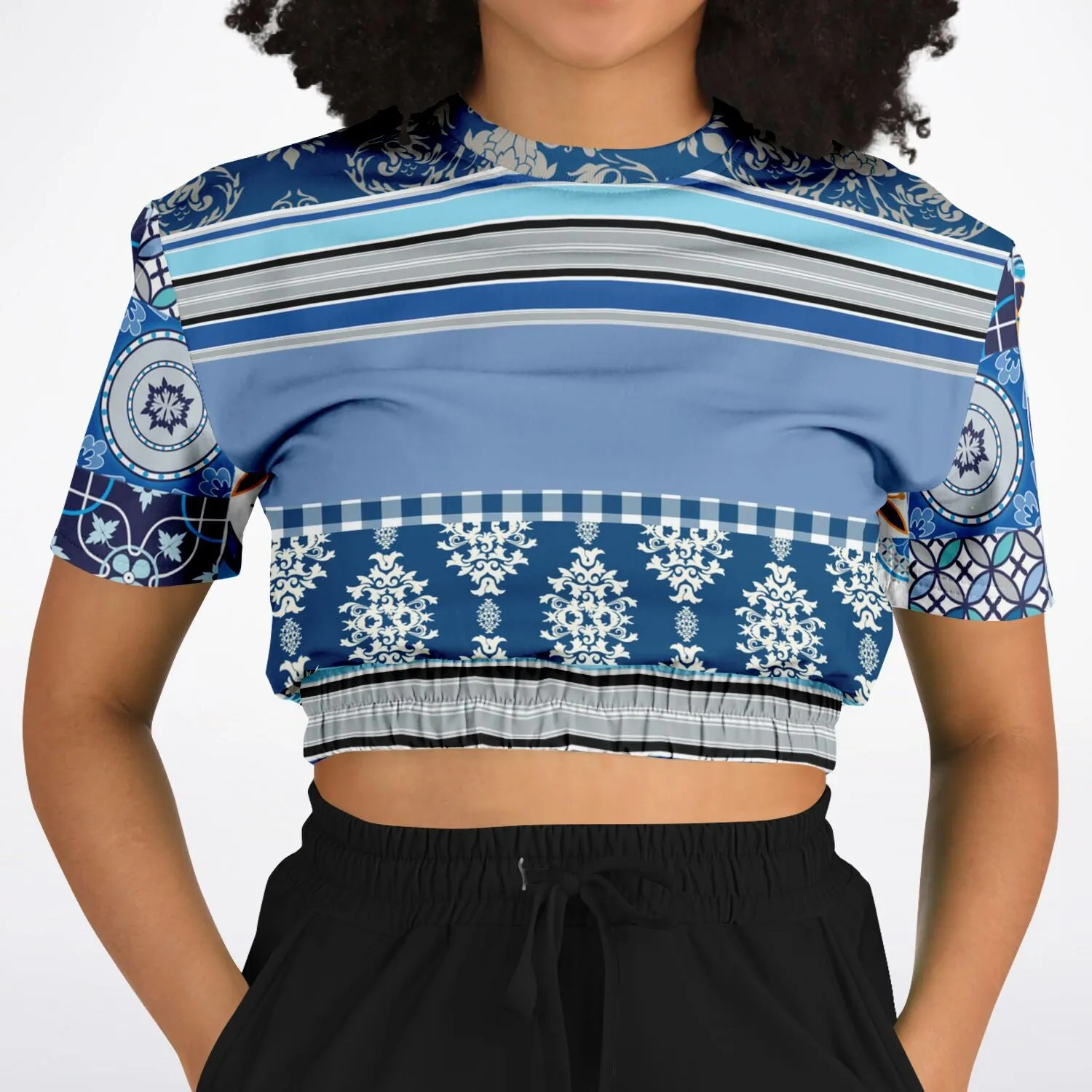 Blue Agadir Moroccan Tile Short Sleeve Cropped Eco-Poly Sweater