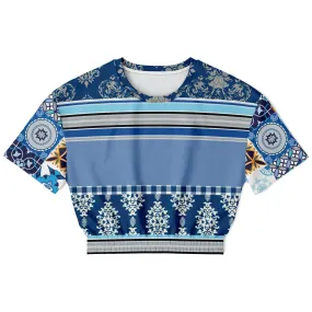 Blue Agadir Moroccan Tile Short Sleeve Cropped Eco-Poly Sweater