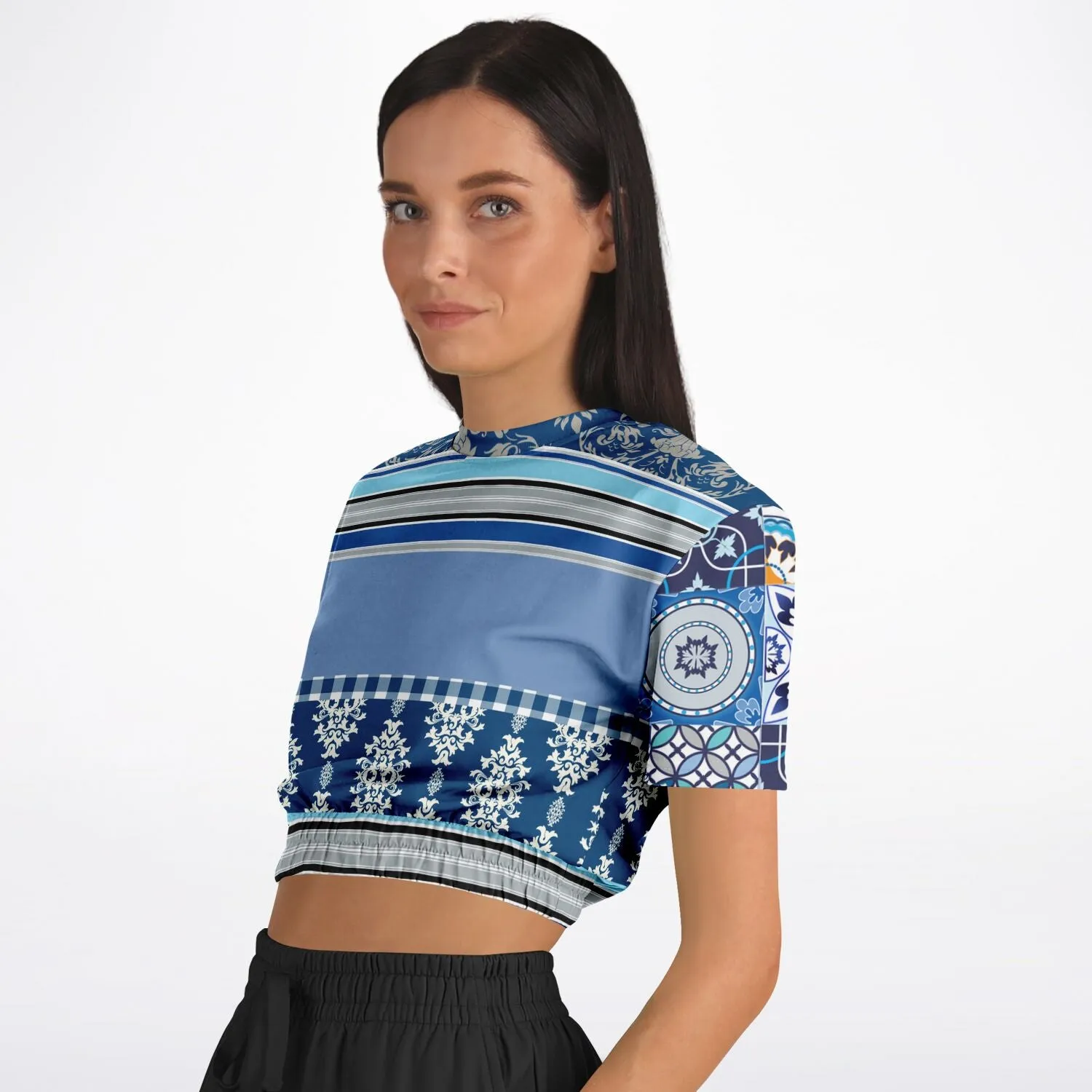 Blue Agadir Moroccan Tile Short Sleeve Cropped Eco-Poly Sweater