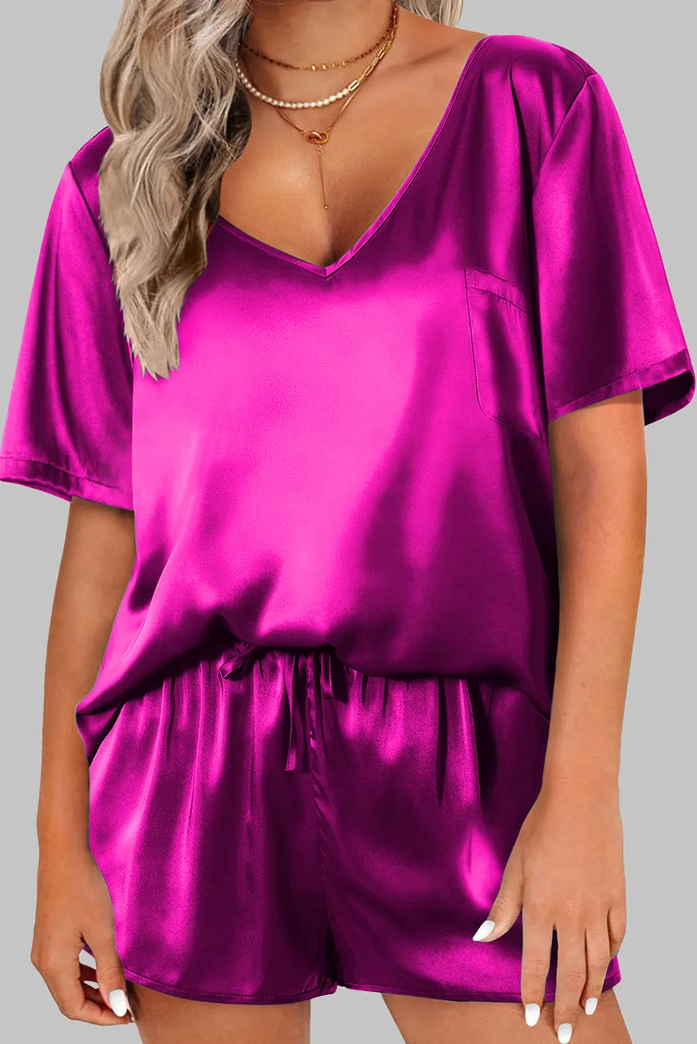 Bright Pink Satin V Neck Tee and Drawstring Shorts Set