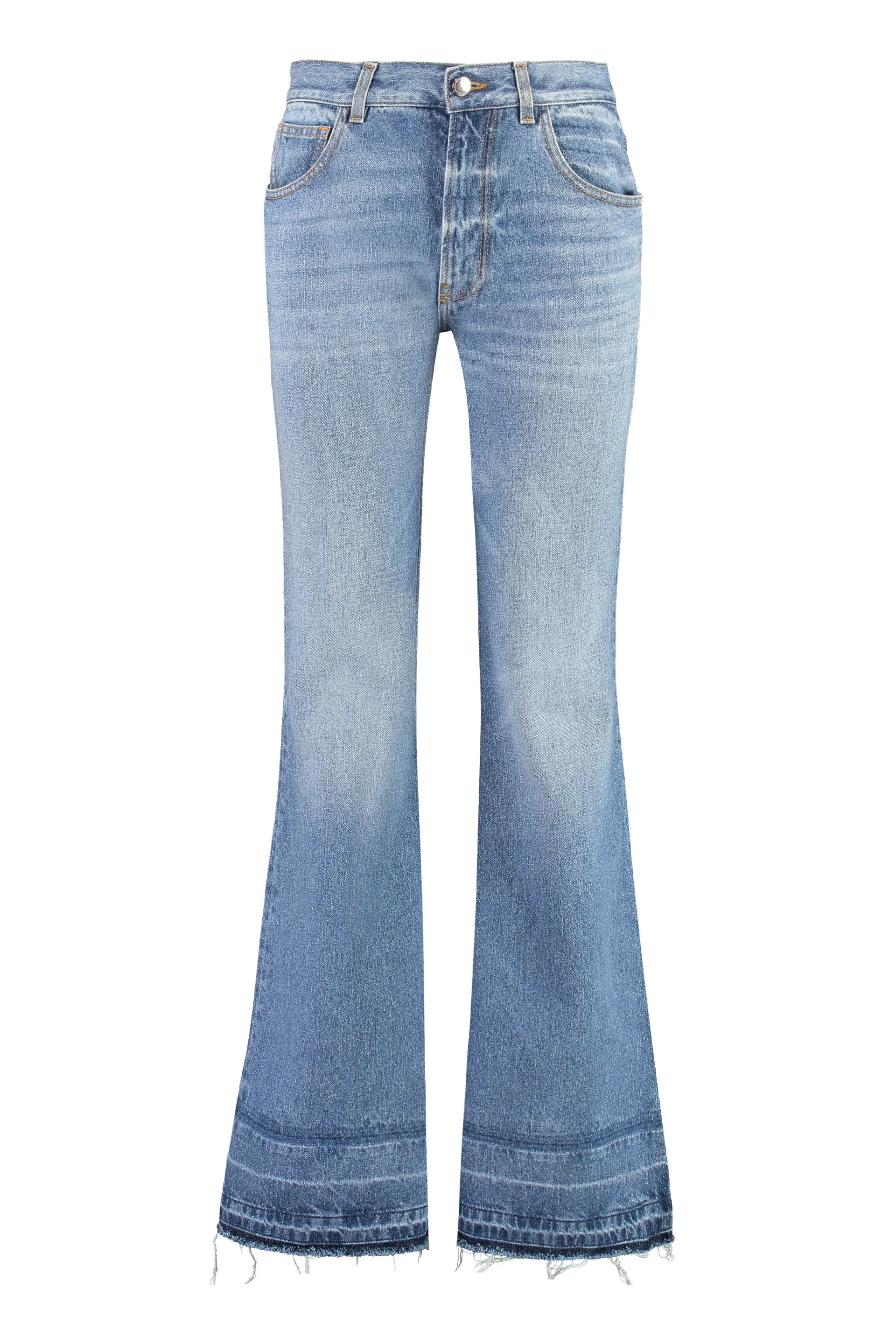 CHLO Flared Low-Rise Denim Jeans with Visible Stitching and Fringed Hemline for Women