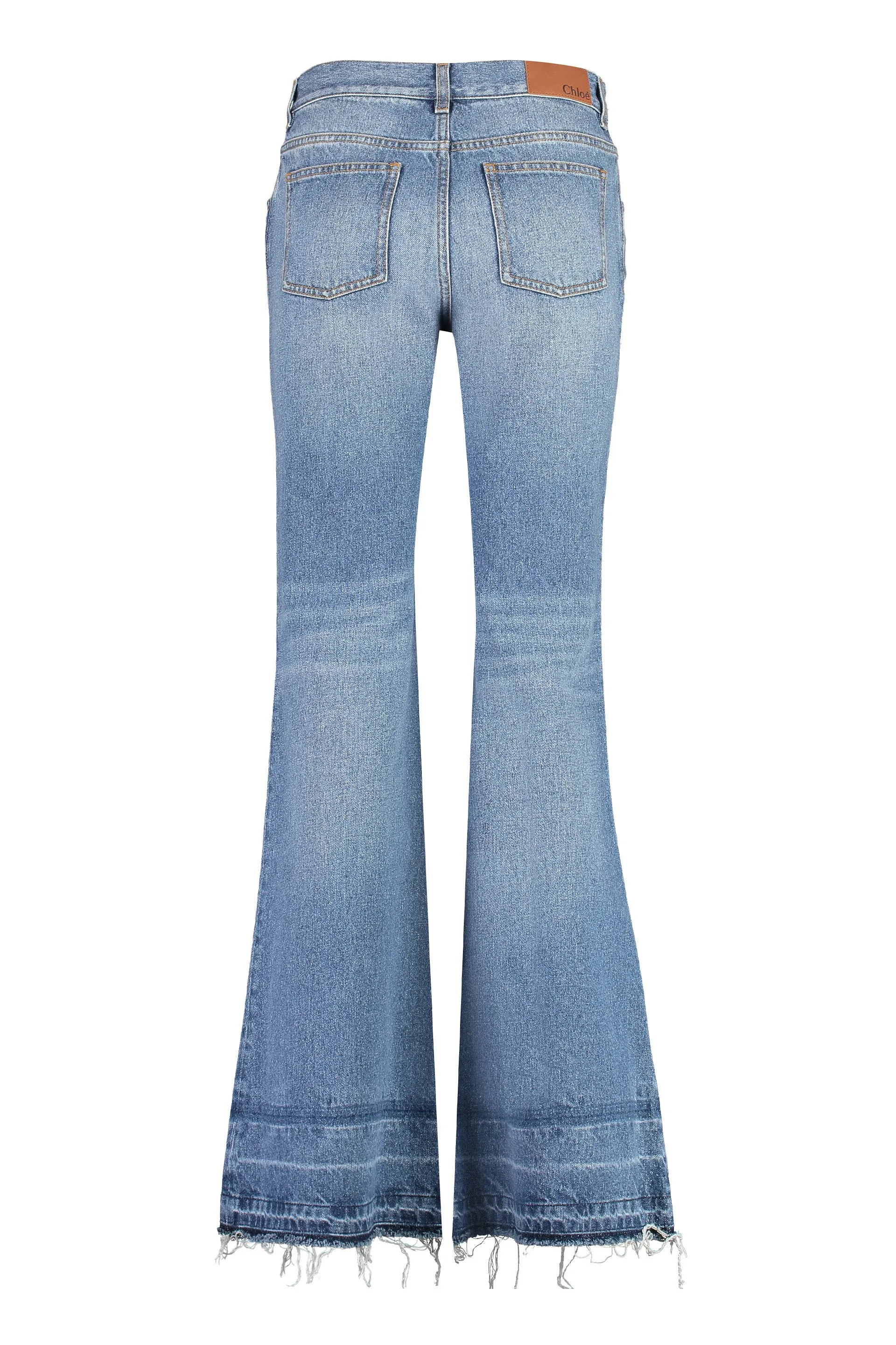 CHLO Flared Low-Rise Denim Jeans with Visible Stitching and Fringed Hemline for Women