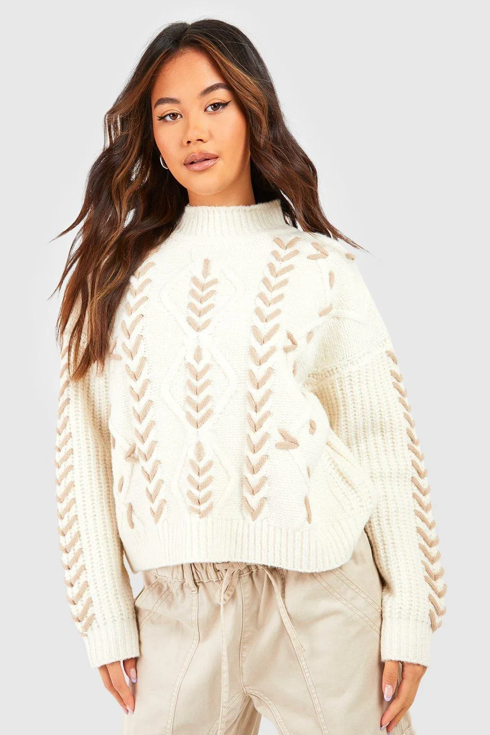 Contrast Cable Detail Oversized Sweater