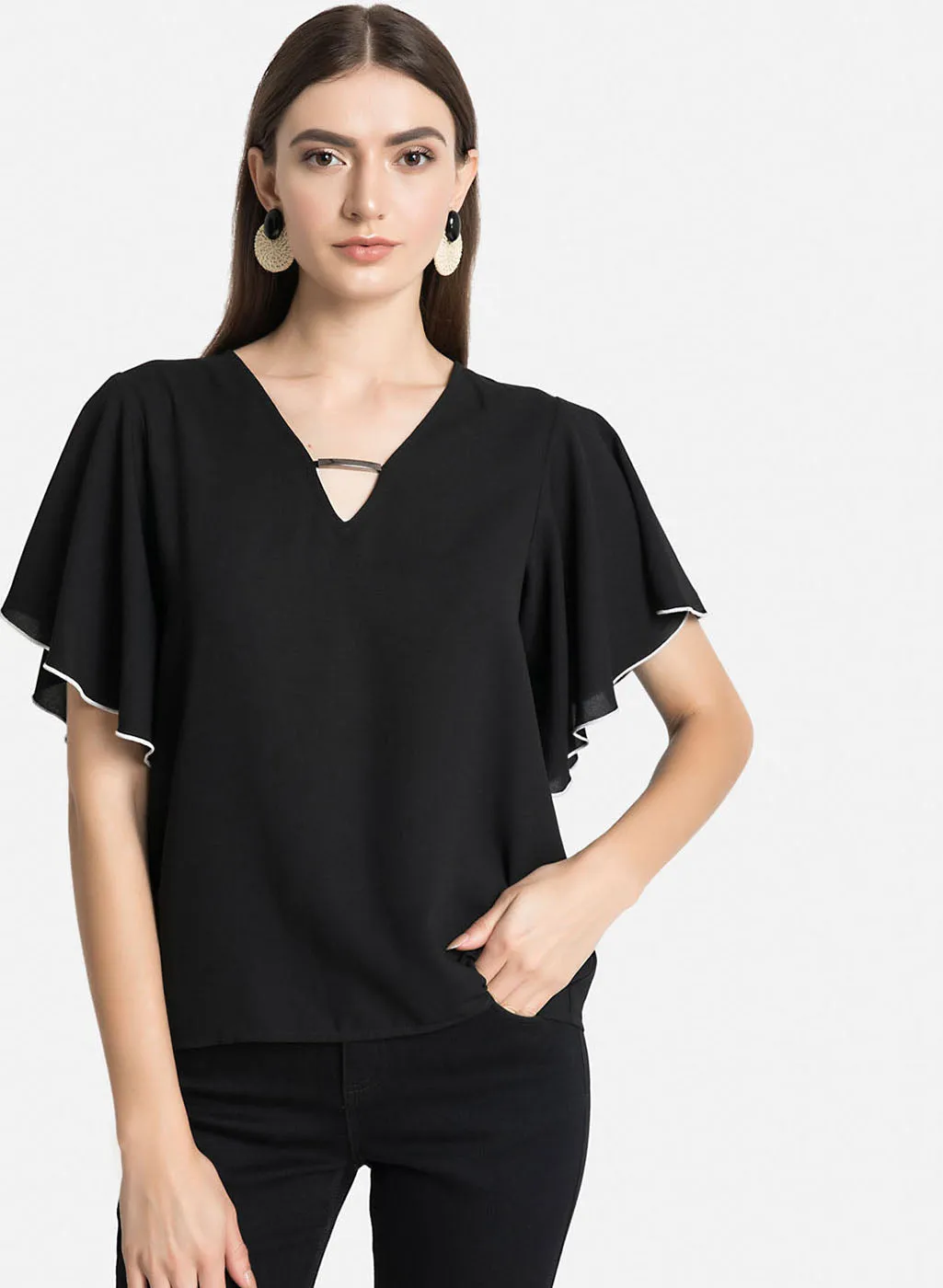 Contrast Detail At Flared Sleeves Top