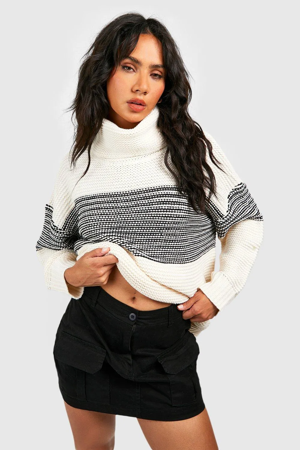 Contrast Stripe Roving Stitch Turtleneck Sweater