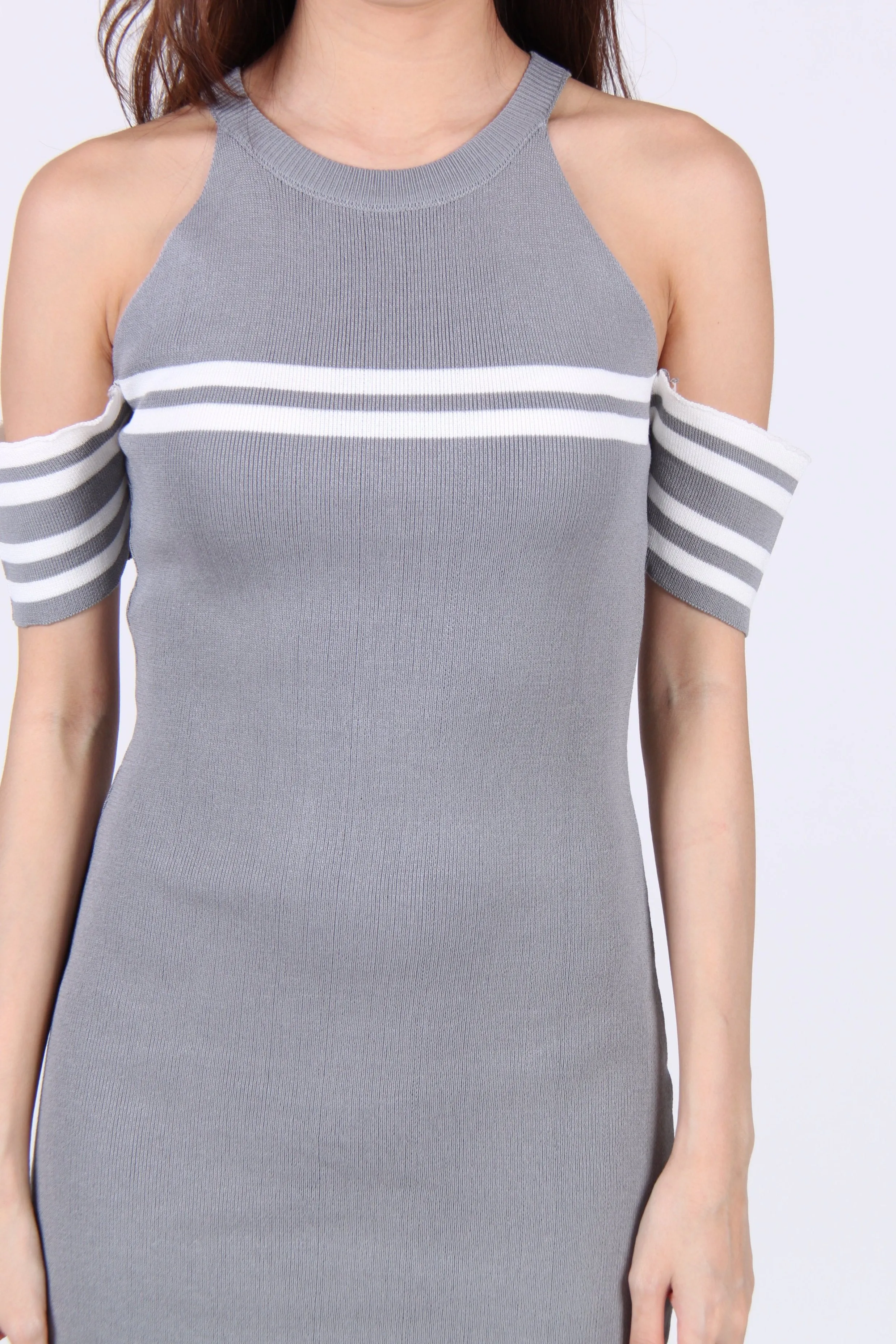 Contrast Stripes Drop Shoulder Bodycon Dress in Light Grey