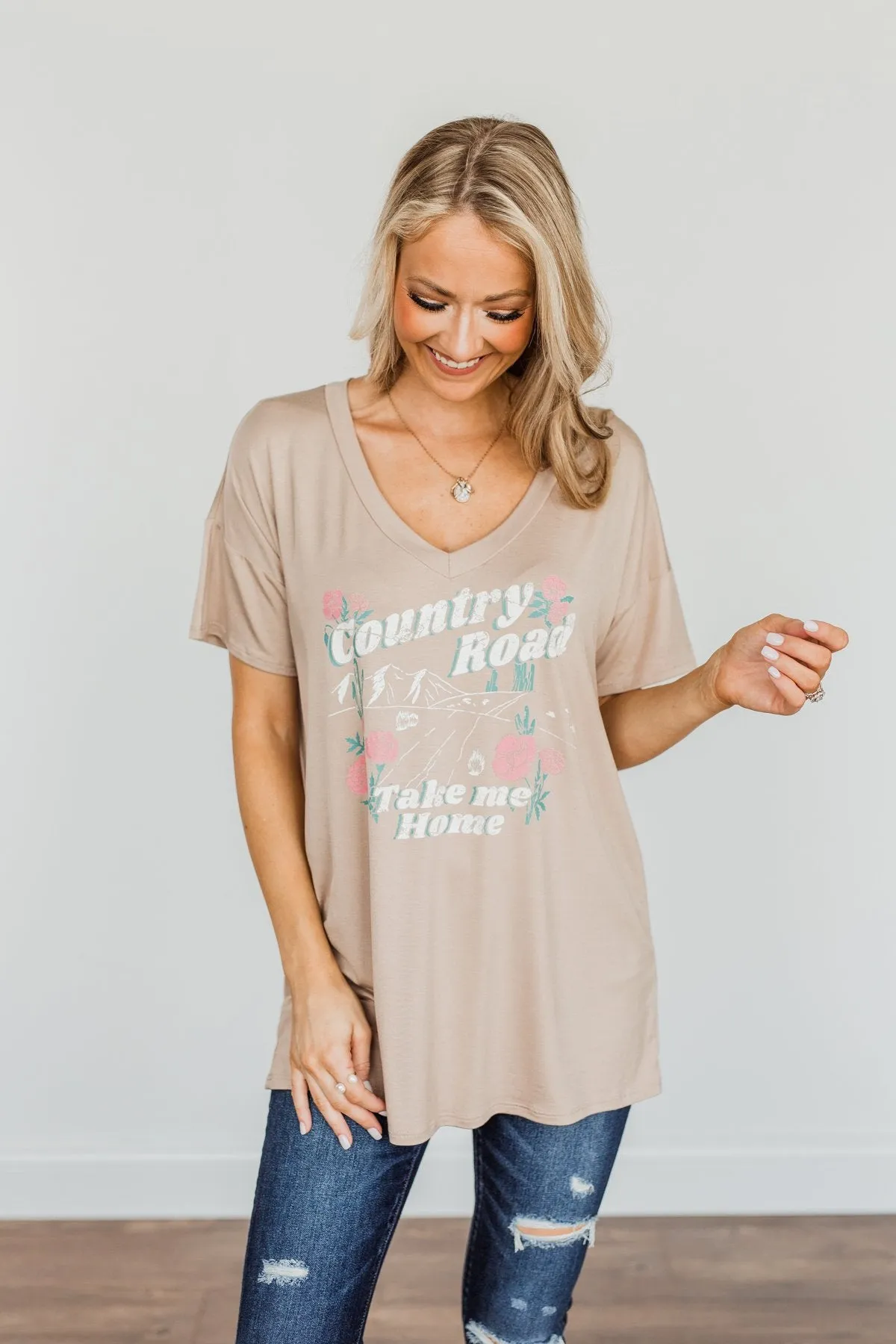 Country Road Take Me Home Graphic Tee- Tan