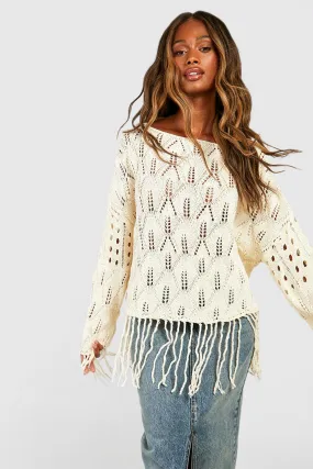 Crochet Tassel Hem Crop Sweater