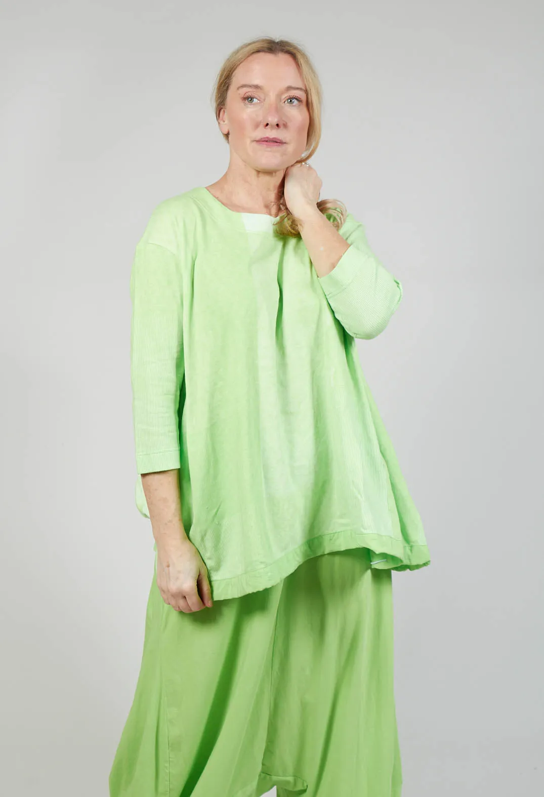 Cropped Sleeve Top with Drawstring Hem in Lime Print