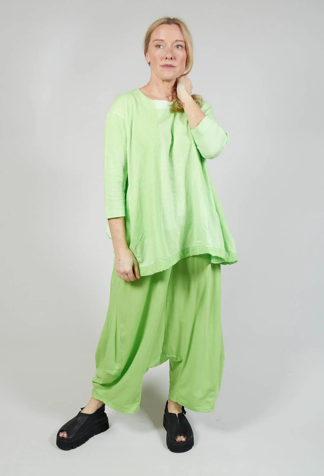 Cropped Sleeve Top with Drawstring Hem in Lime Print