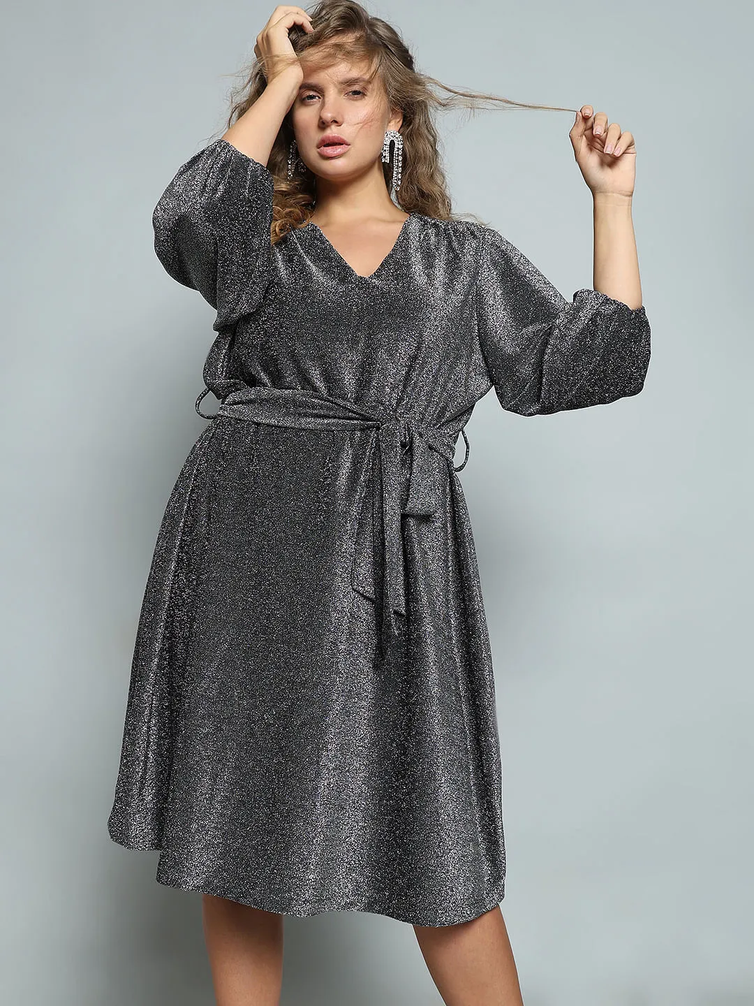 Curve Black Shimmer Fit & Flare Dress