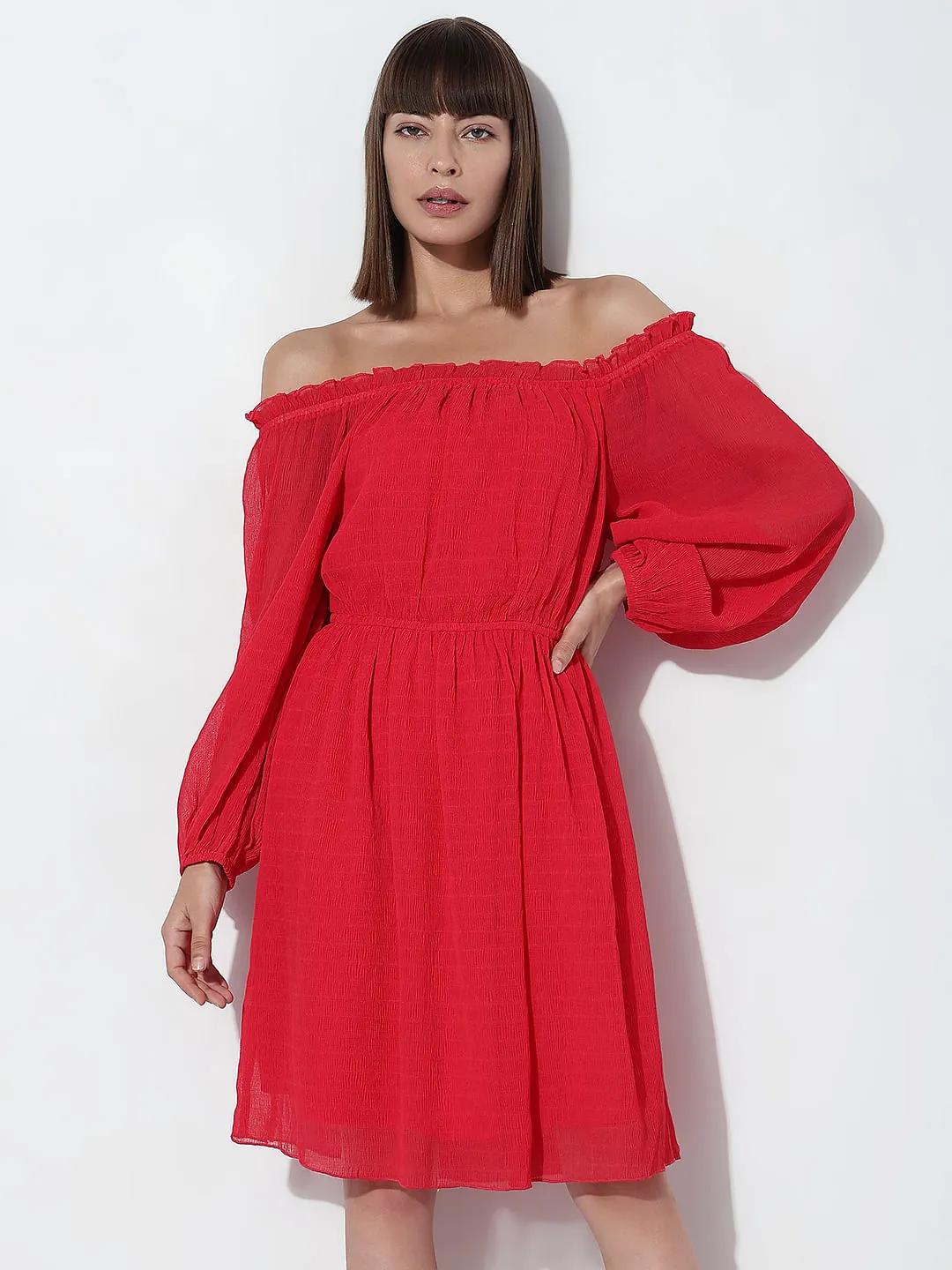 Dark Pink OFF-SHOULDER FIT & FLARE DRESS