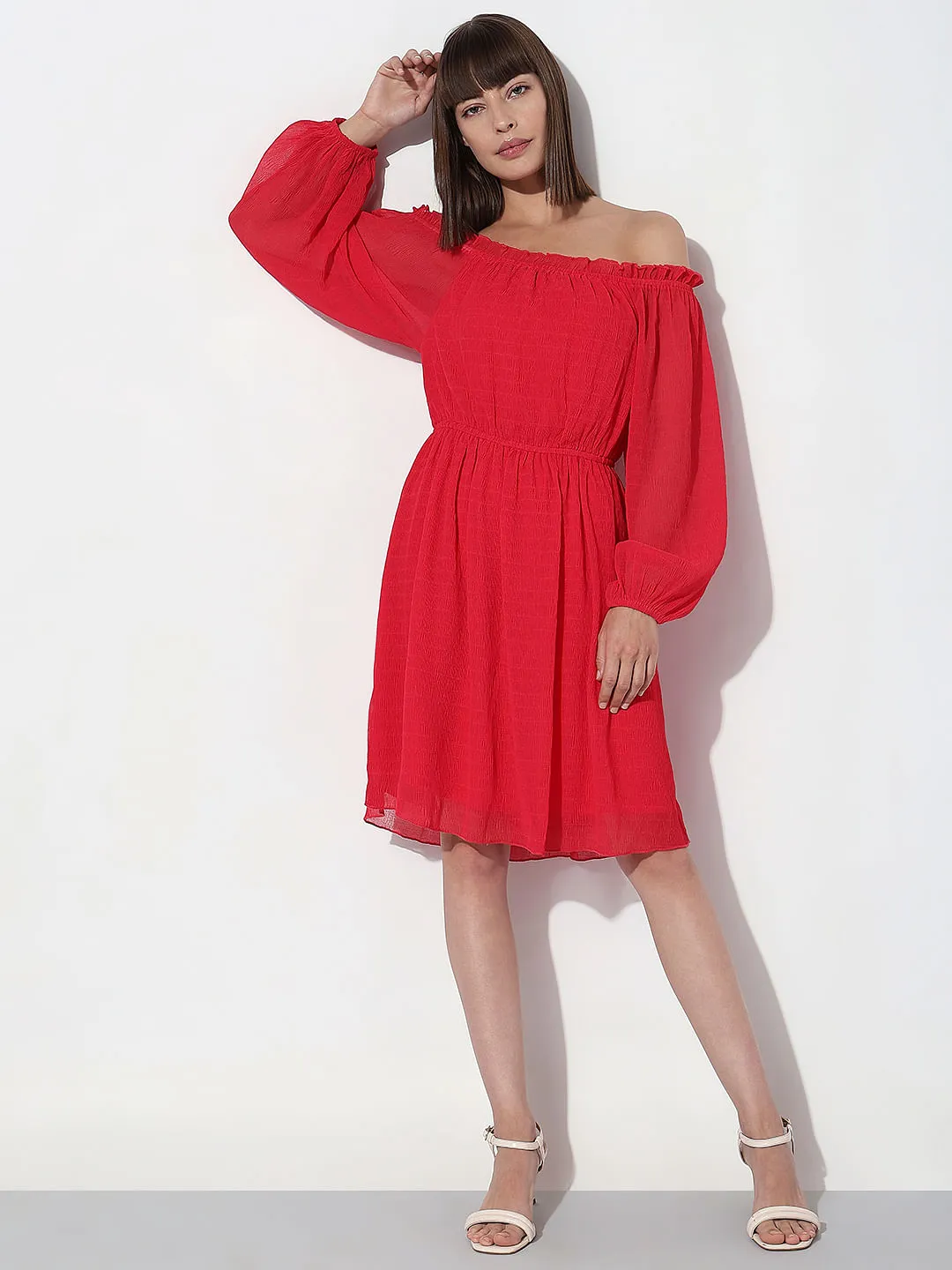 Dark Pink OFF-SHOULDER FIT & FLARE DRESS