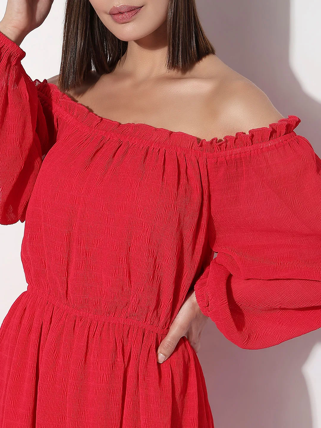 Dark Pink OFF-SHOULDER FIT & FLARE DRESS