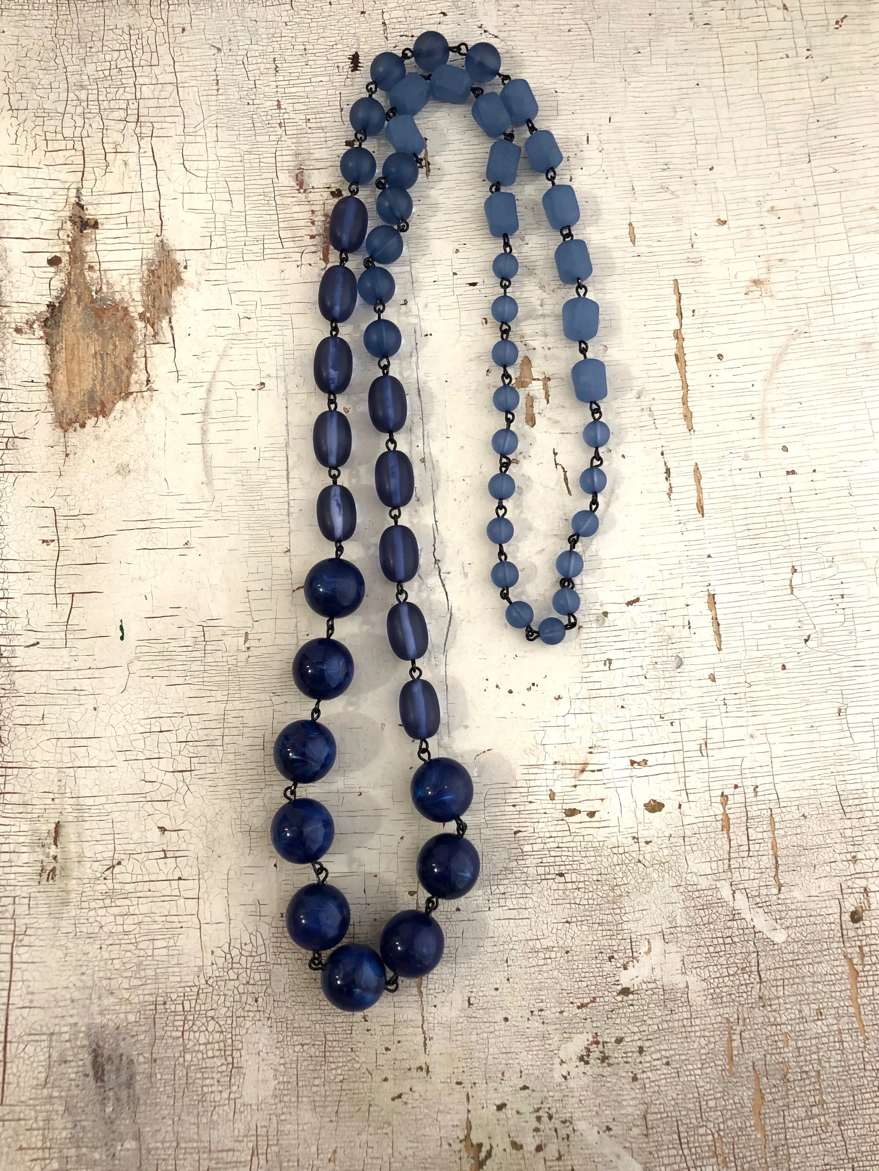 Denim Blue Beaded Rosary Chain Rope Necklace